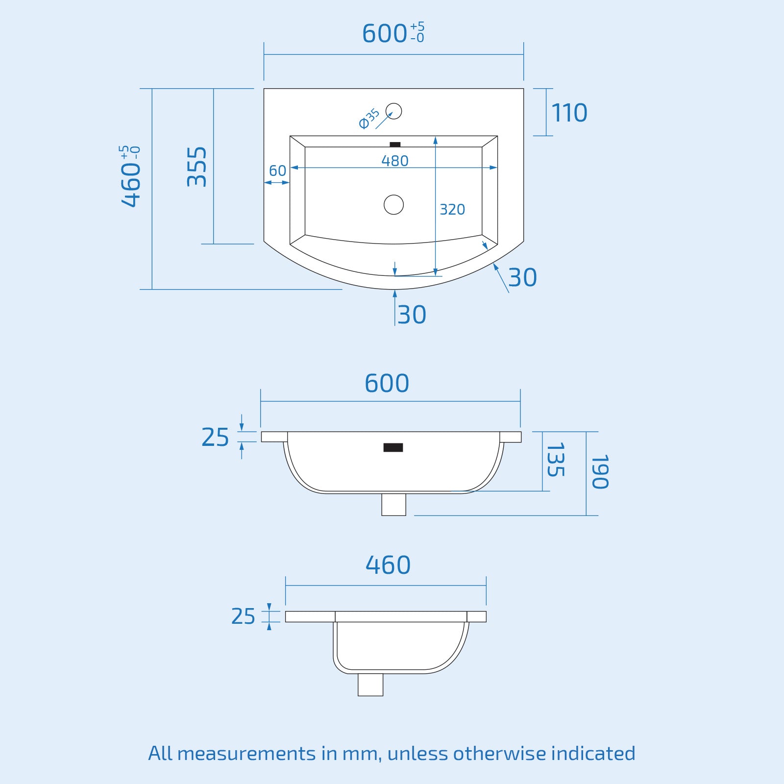 Technical drawing/modeling of a sink with dimensions labeled