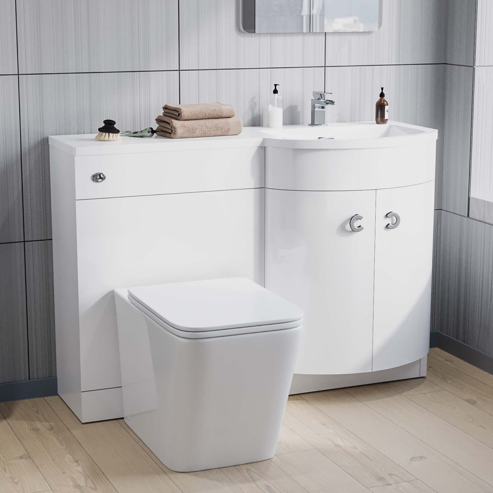 Dene 1100 mm FP P-Shape White RH Basin Vanity, Rimless Toilet & Wall Hung Cabinet