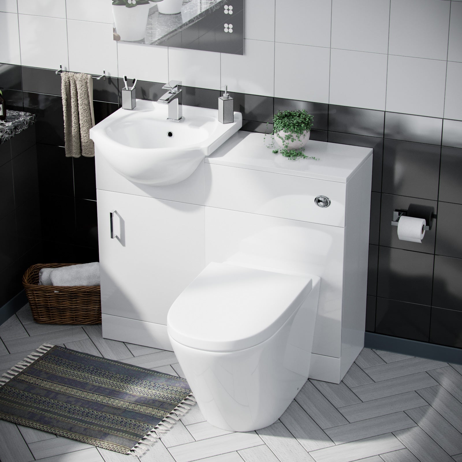 Ellen Cloakroom 950mm White Basin Vanity Unit, WC Unit & BTW Toilet - Flat Pack