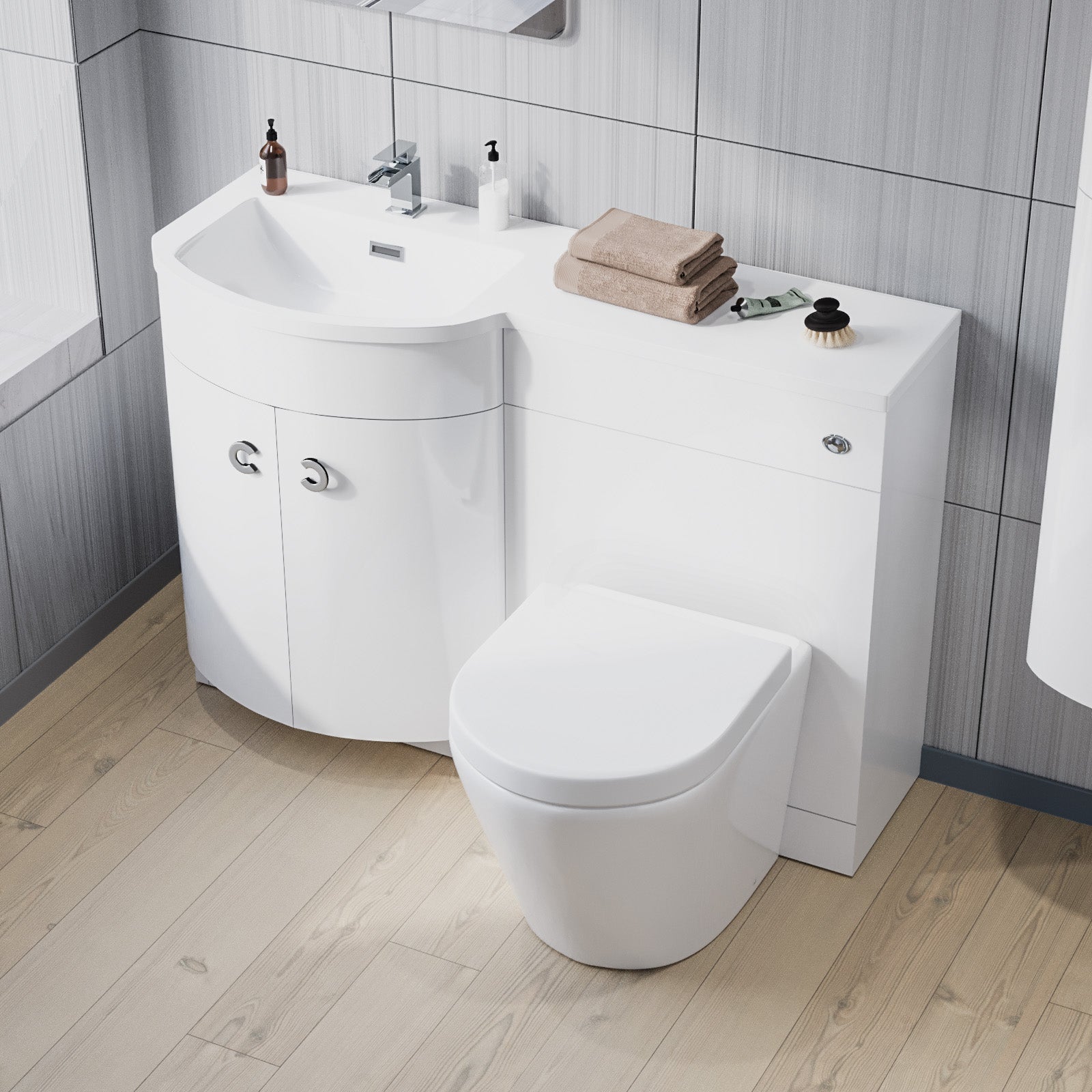 Dene 1100mm LH White Bathroom Vanity with WC, BTW Rimless Toilet & Wall Hung Cabinet