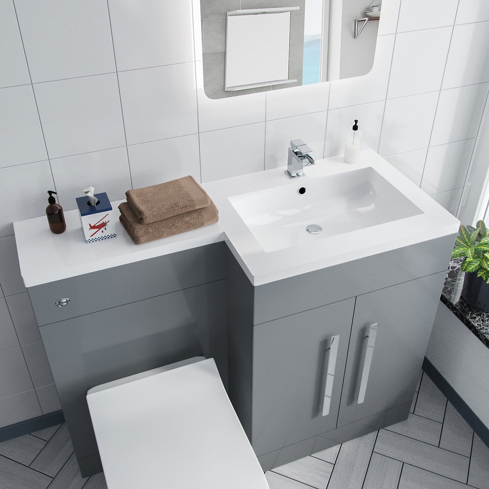 Aric 1100mm Grey L-Shape RH & Concealed Cistern for BTW Toilet - Flat Pack