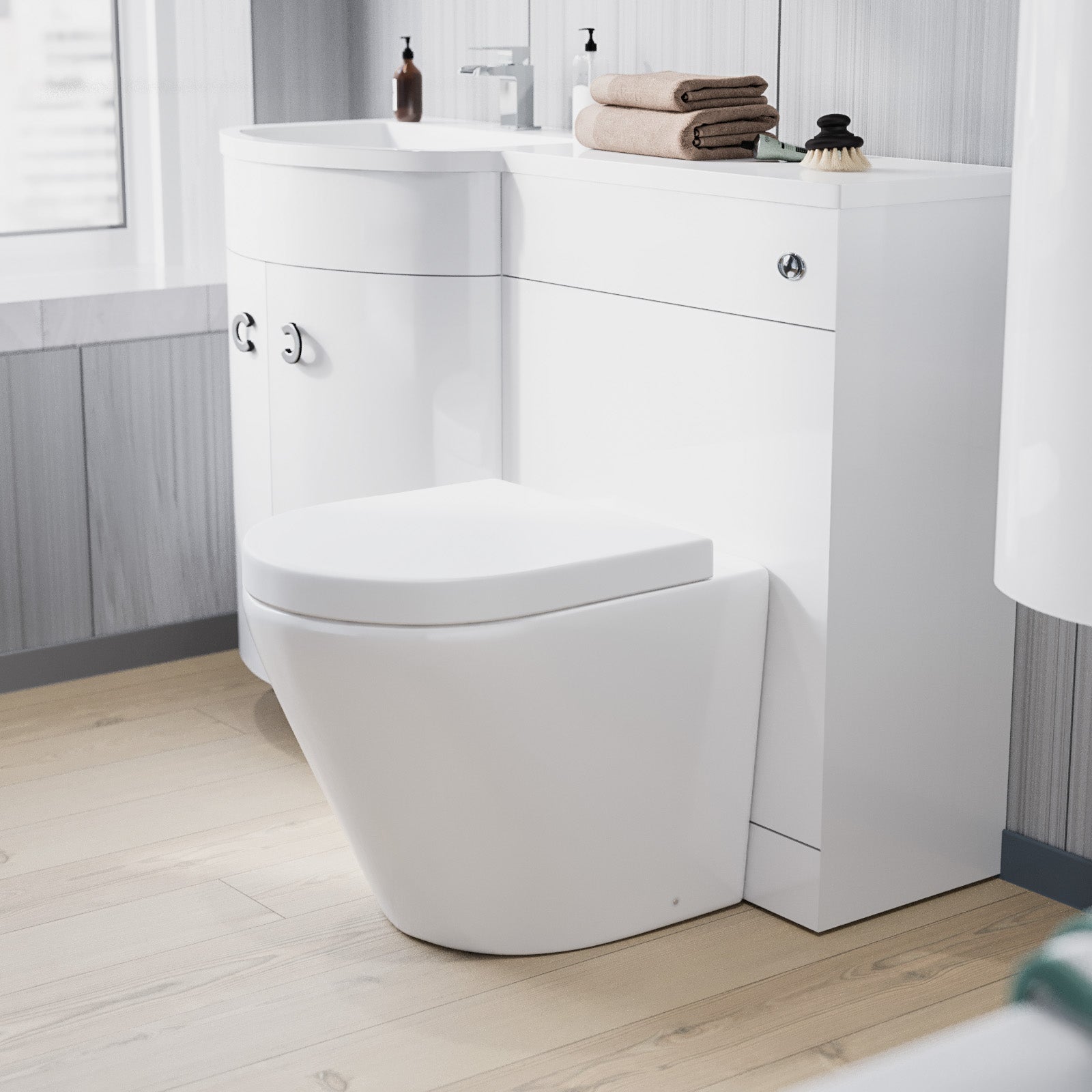 Dene 1100mm LH White Bathroom Vanity with WC, BTW Rimless Toilet & Wall Hung Cabinet