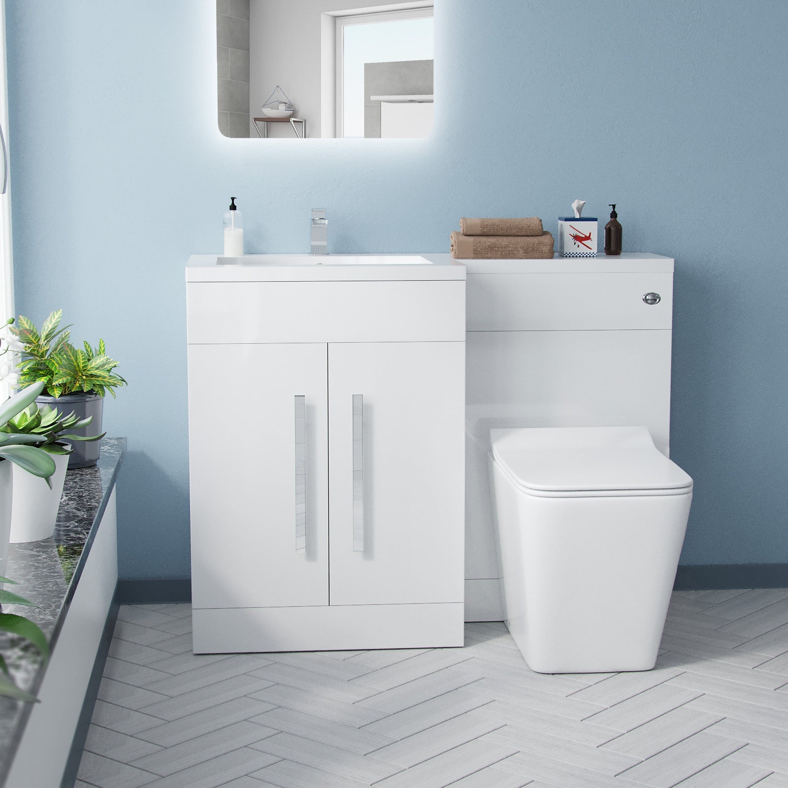 Aric 1100mm LH Vanity Basin Unit, WC Unit & Square Back To Wall Toilet White Flat Pack