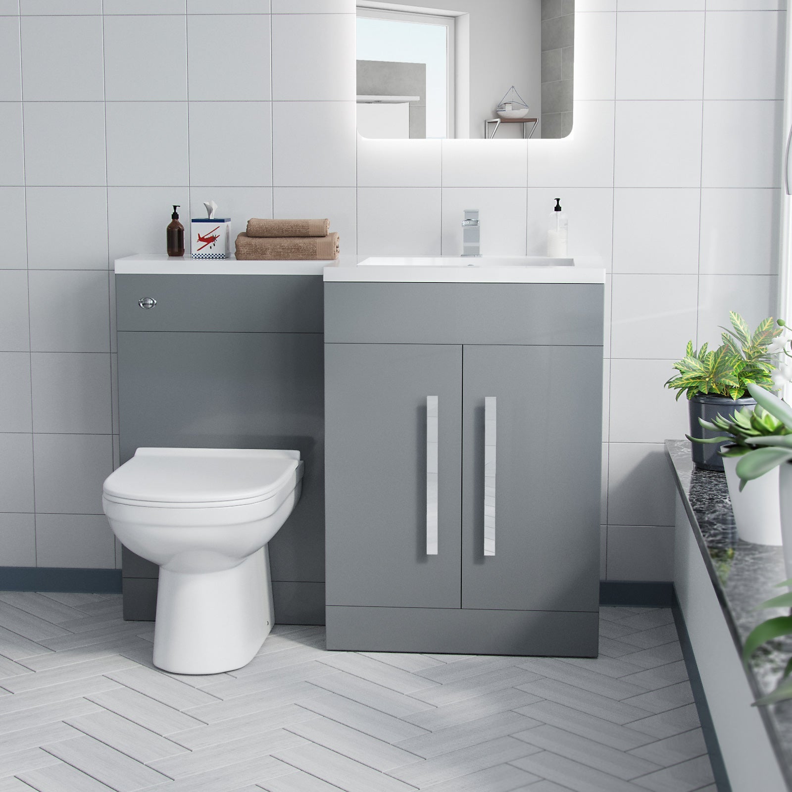 Aric 1100mm Grey L-Shape RH & Concealed Cistern for BTW Toilet - Flat Pack