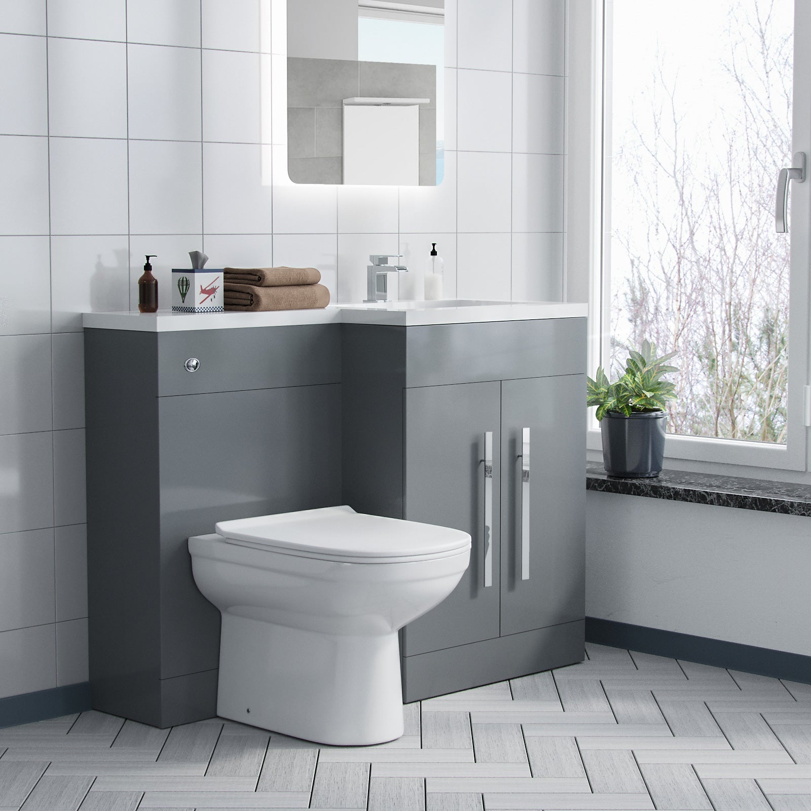 Aric 1100mm Grey L-Shape RH & Concealed Cistern for BTW Toilet - Flat Pack