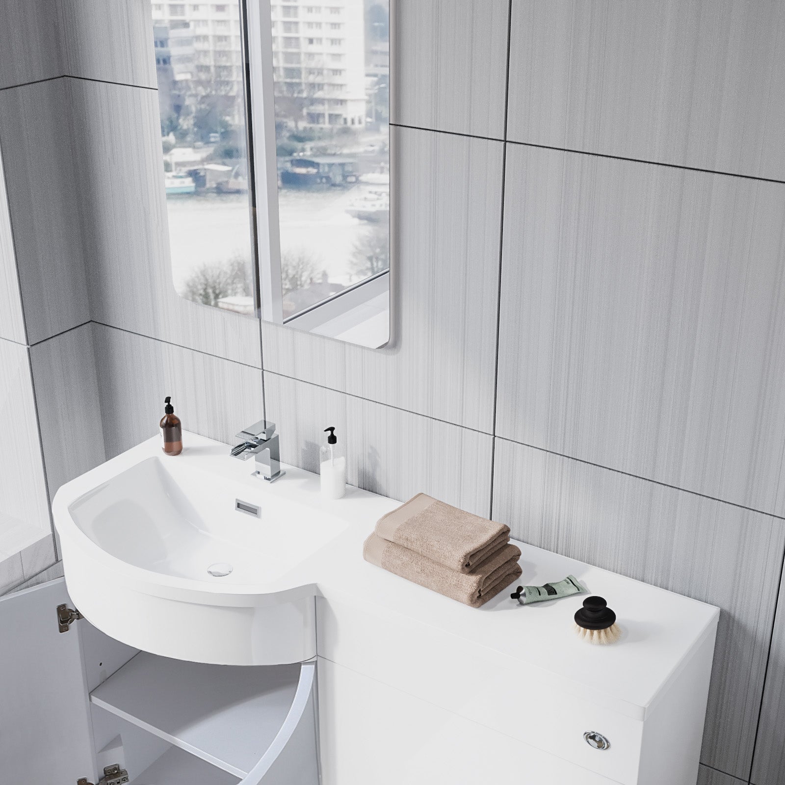 Dene 1100mm LH White Bathroom Vanity with WC, BTW Rimless Toilet & Wall Hung Cabinet