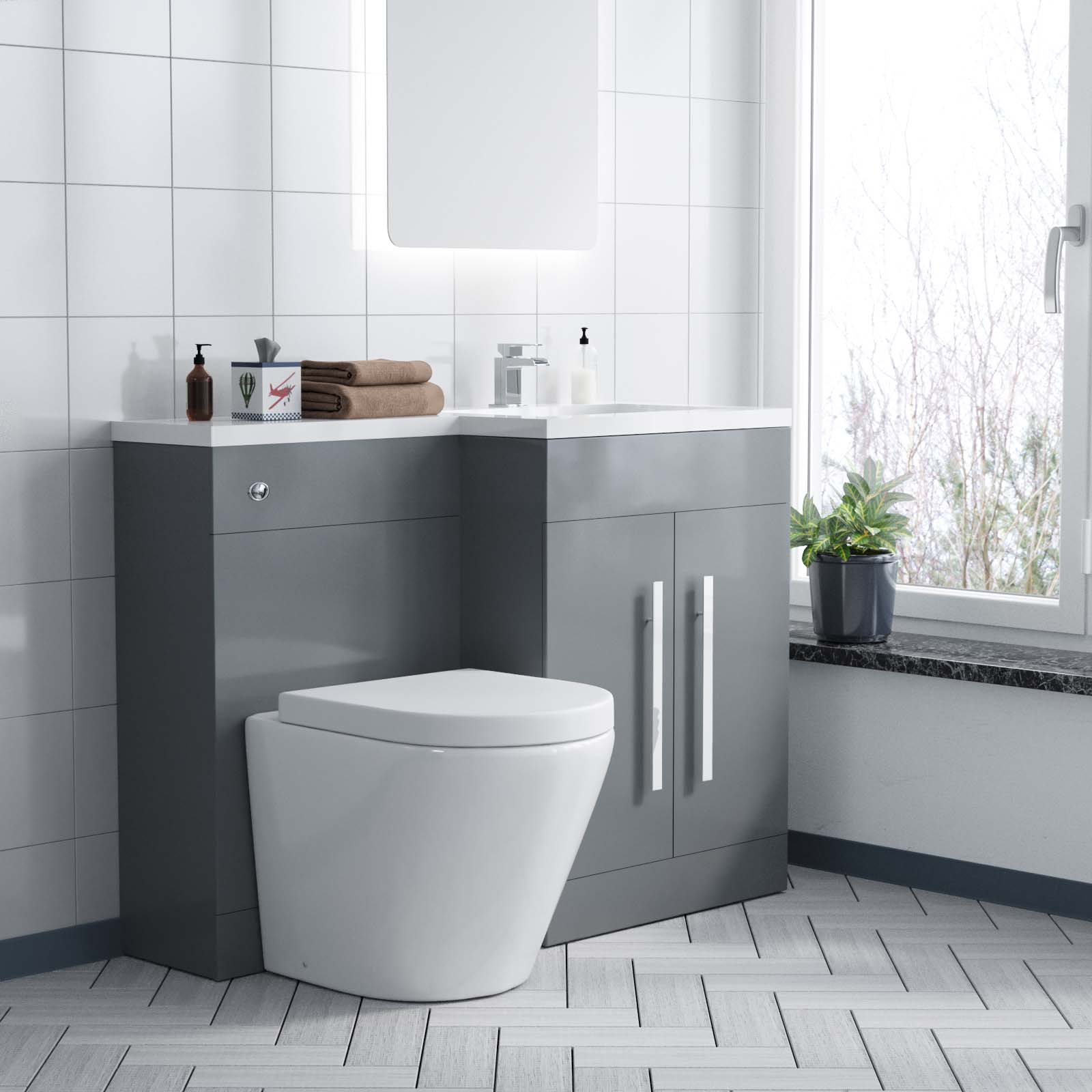 Aric 1100mm Right Flat Pack Vanity Basin, WC Unit & Back To Wall Rimless Toilet Grey