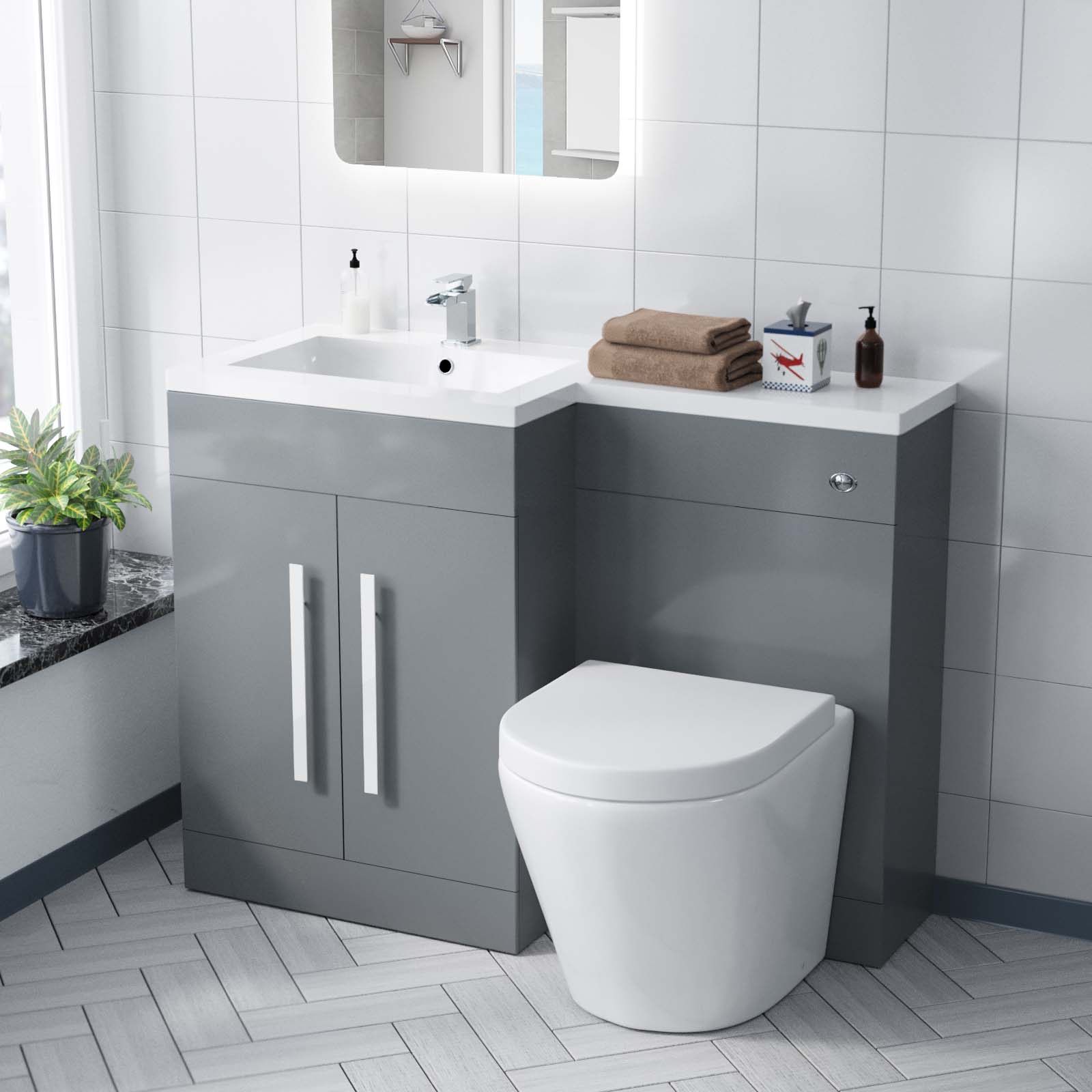 Aric 1100mm Left Flat Pack Vanity Basin, WC Unit & Back To Wall Rimless Toilet Grey