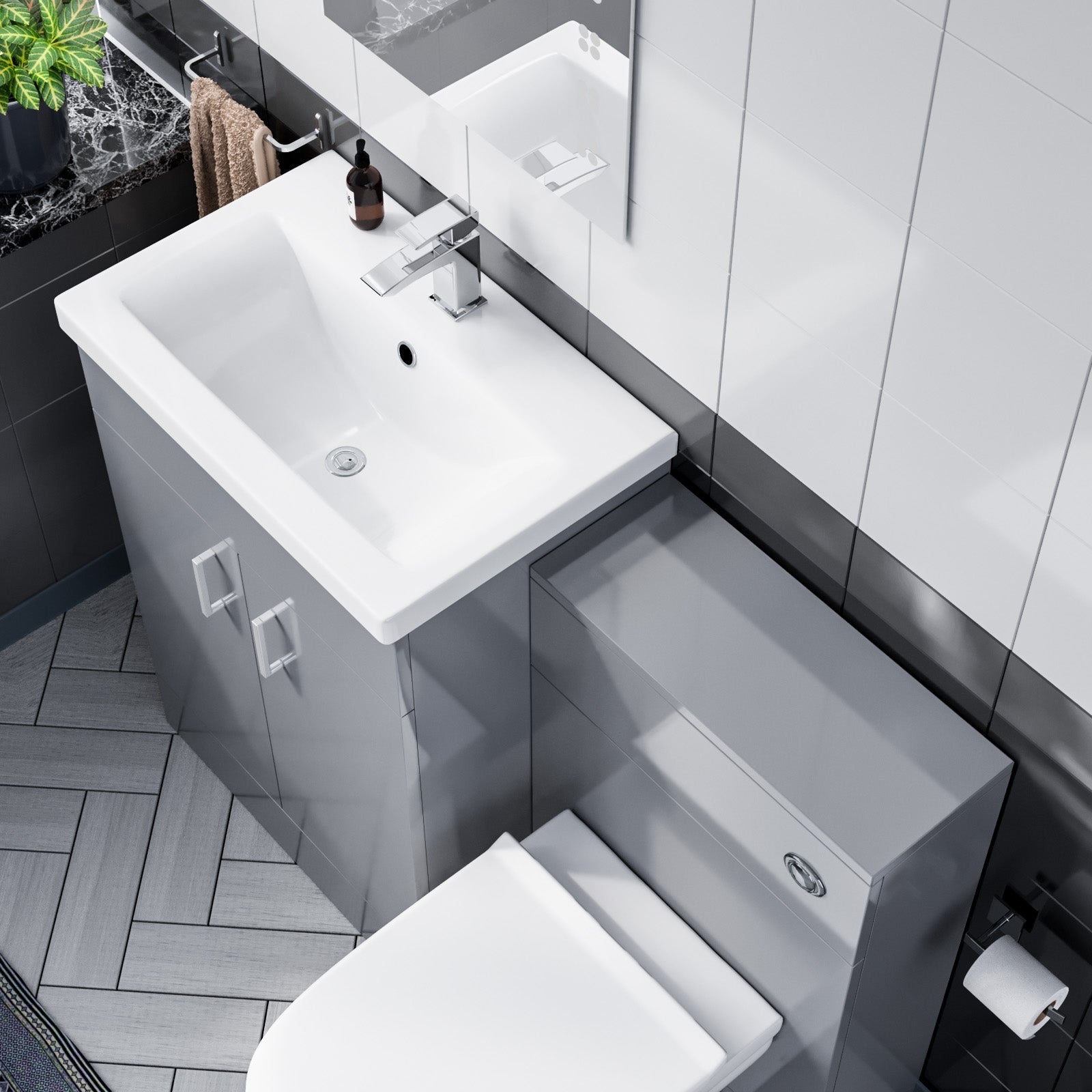 Nanuya 600mm Light Grey Free Standing Cabinet, Ceramic Basin & BTW Pan with Soft Close Seat Flat Pack