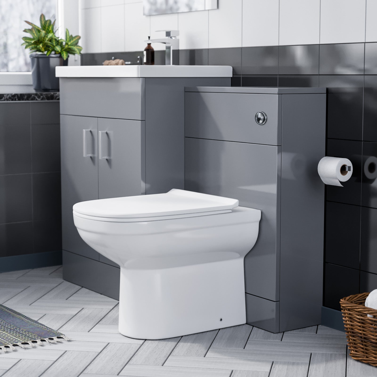 Nanuya 600mm Light Grey Free Standing Cabinet, Ceramic Basin & BTW Pan with Soft Close Seat Flat Pack