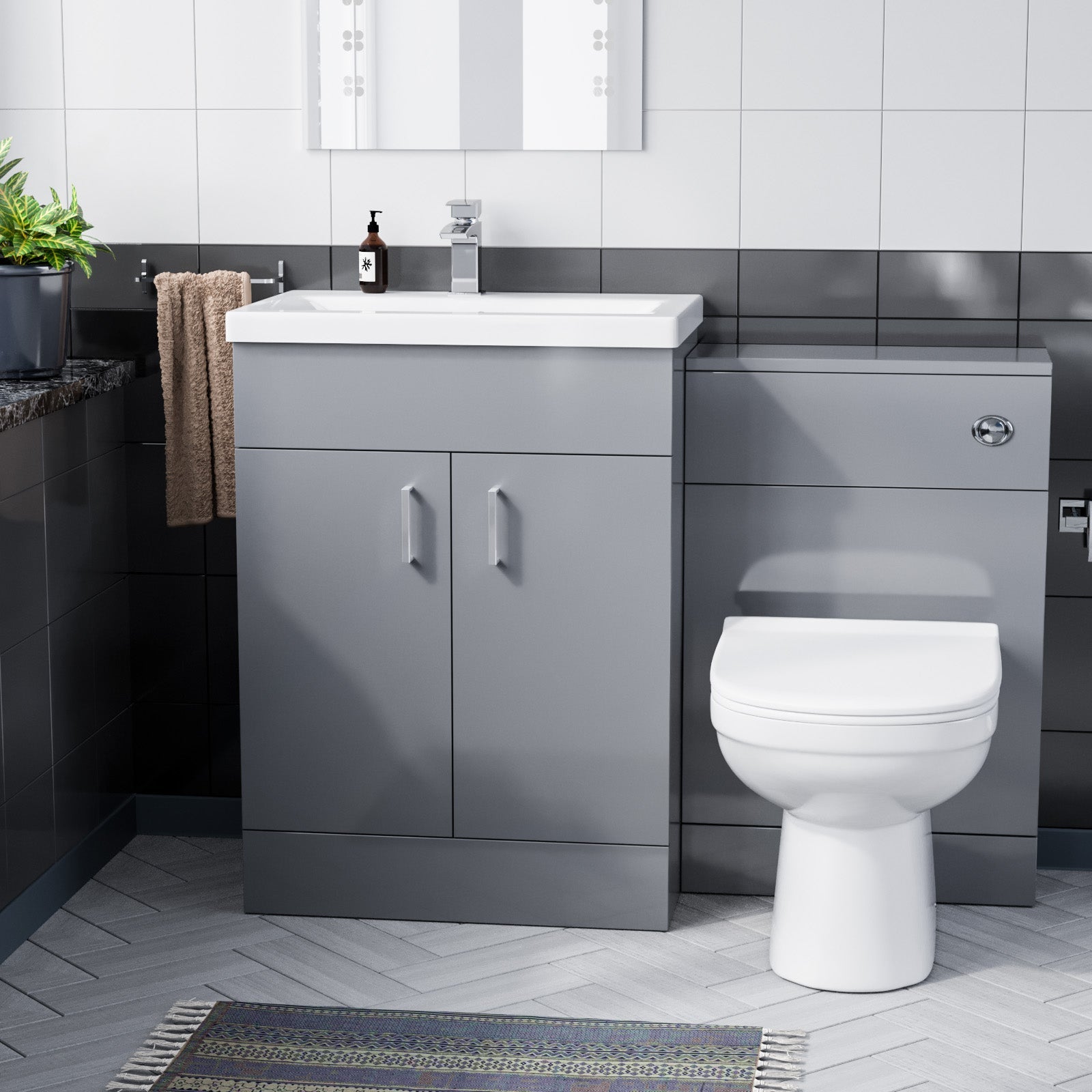 Nanuya 600mm Light Grey Free Standing Cabinet, Ceramic Basin & BTW Pan with Soft Close Seat Flat Pack