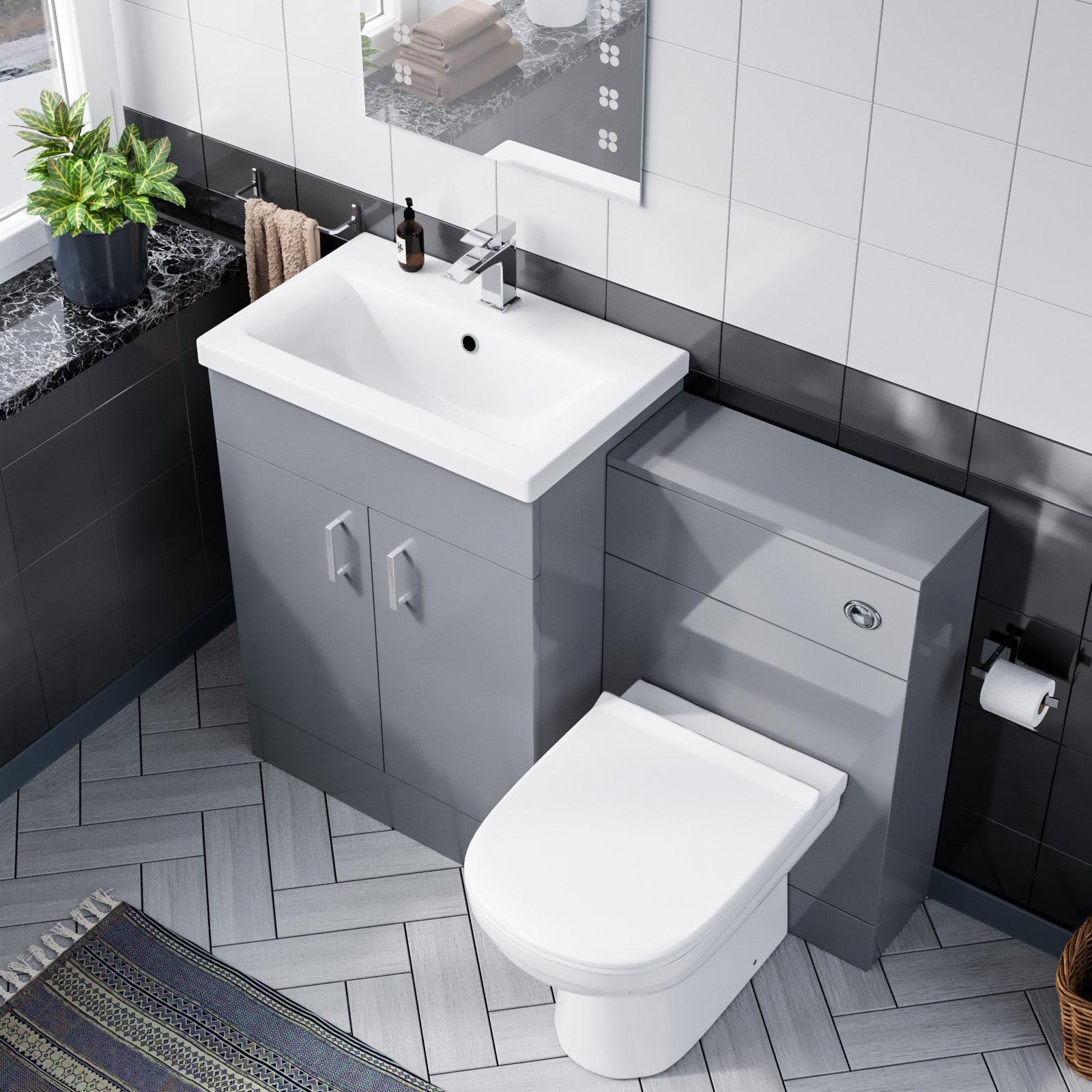 Nanuya 600mm Light Grey Free Standing Cabinet, Ceramic Basin & BTW Pan with Soft Close Seat Flat Pack