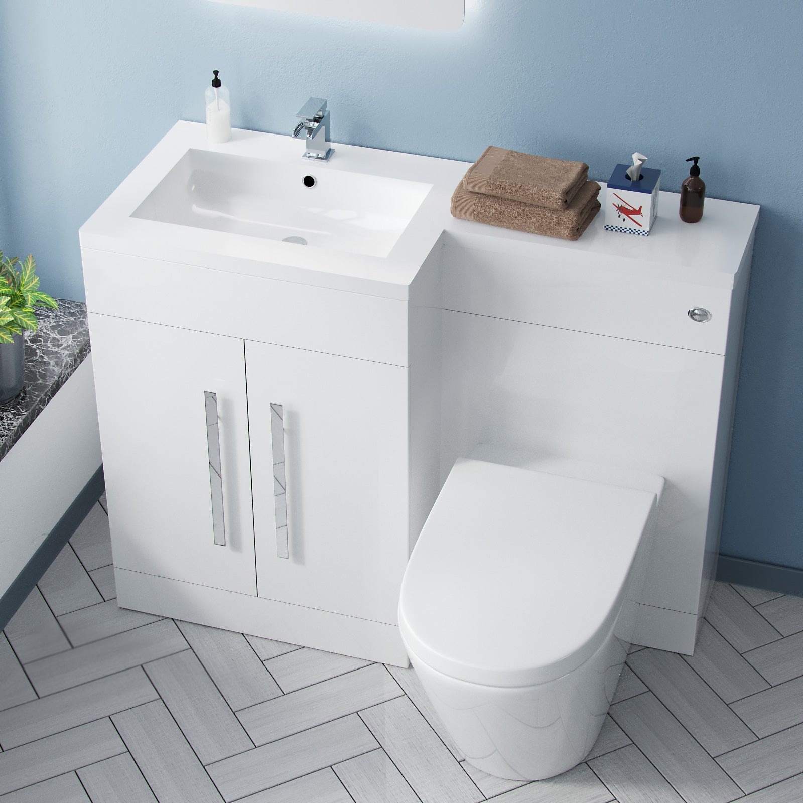 Aric 1100mm LH Vanity Basin Unit, WC Unit & Rimless Back To Wall Toilet White Flat Pack