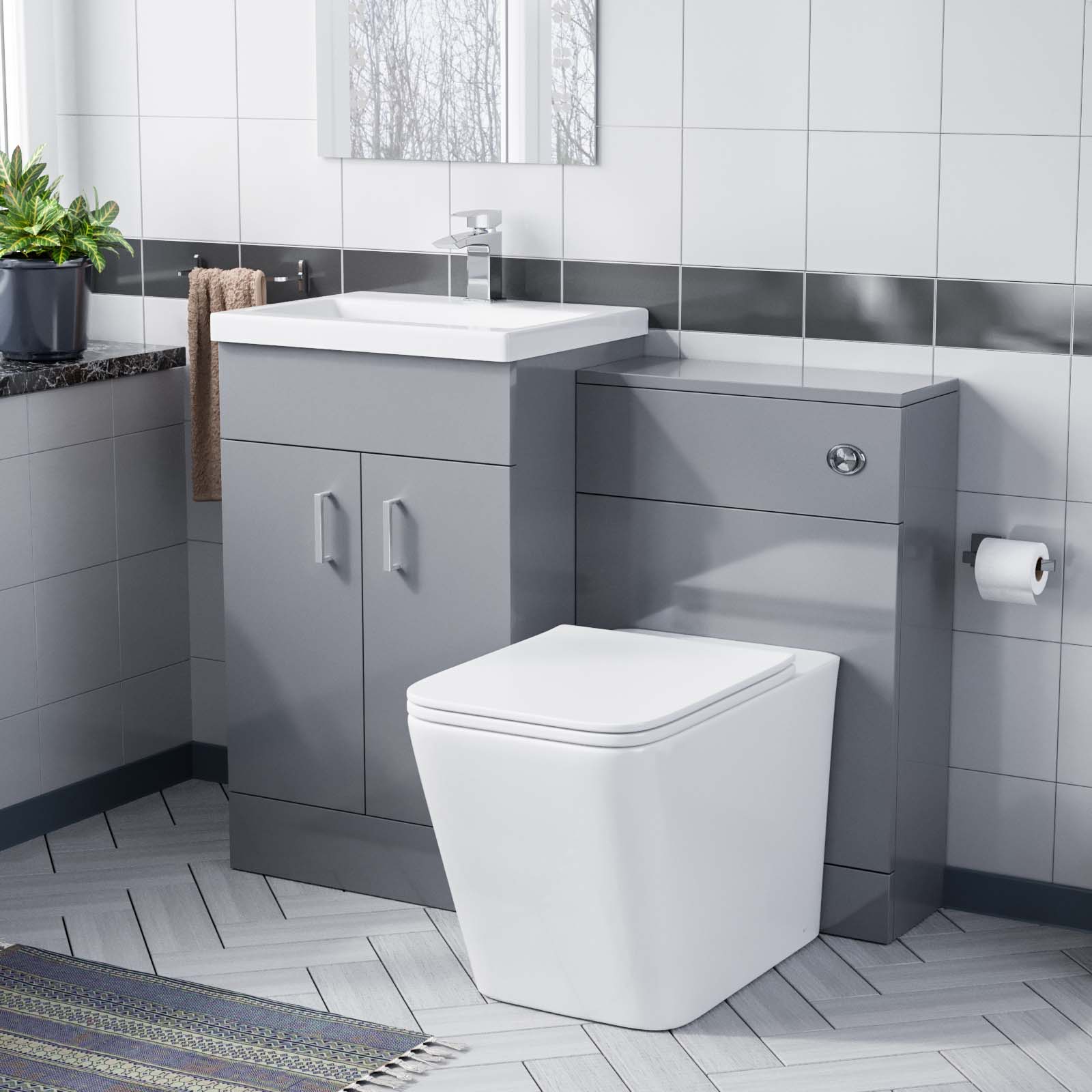 Grey 500mm Floor Standing Vanity Unit, WC & Square Rimless Toilet