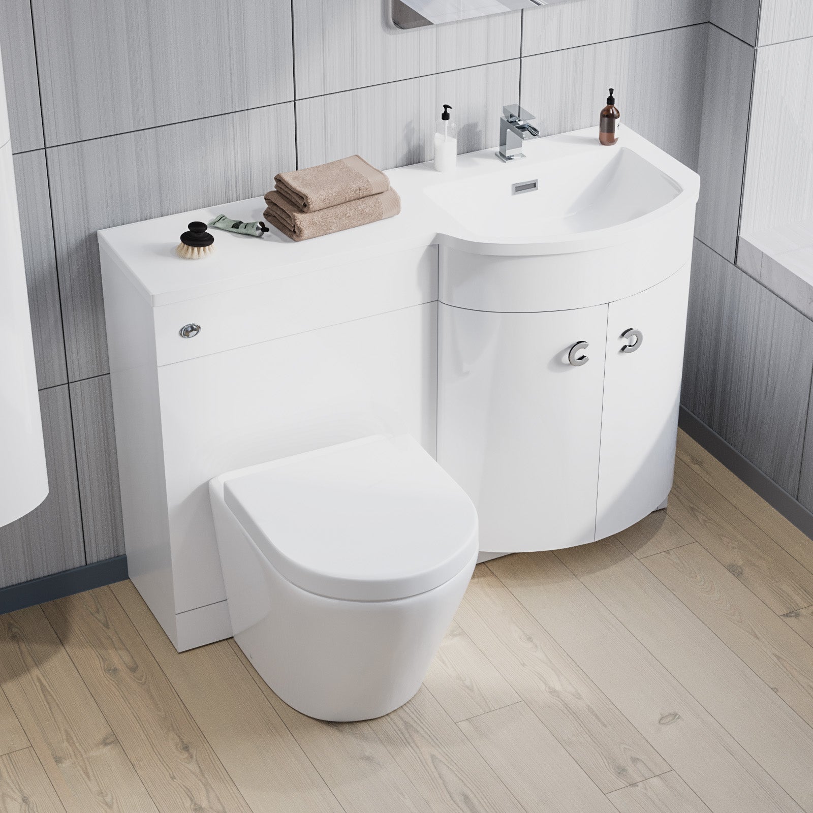 Dene 1100mm RH White Bathroom Vanity with WC, BTW Rimless Toilet & Wall Hung Cabinet