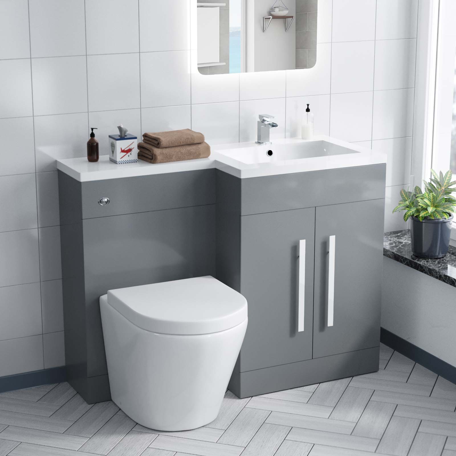 Aric 1100mm Right Flat Pack Vanity Basin, WC Unit & Back To Wall Rimless Toilet Grey
