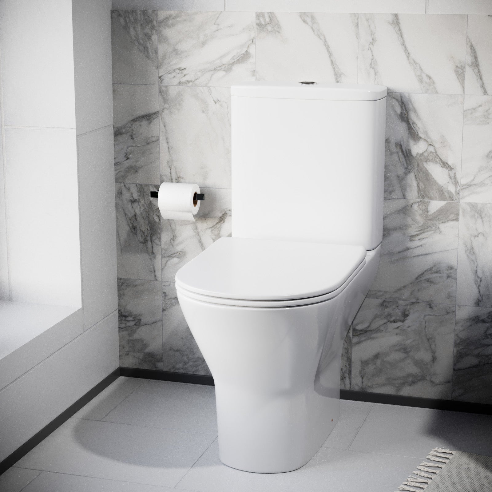 Modern Close Coupled Rimless Round Toilet Ceramic Soft Closing Seat White Oakham