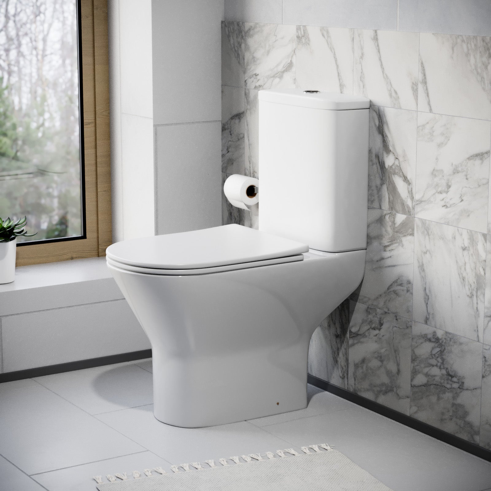 Modern Close Coupled Rimless Round Toilet Ceramic Soft Closing Seat White Oakham