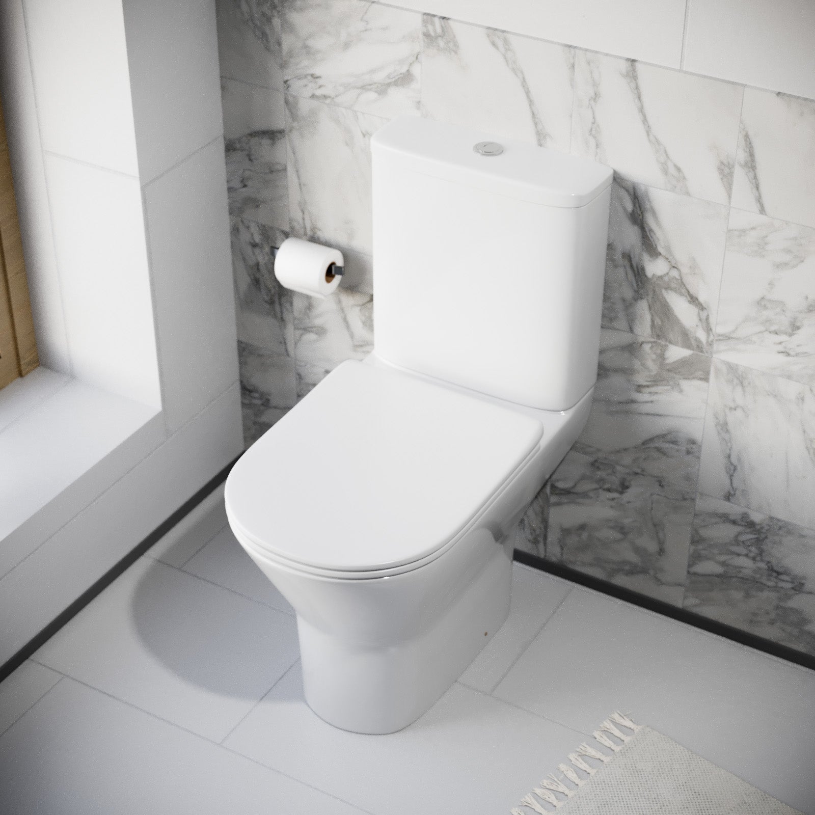Modern Close Coupled Rimless Round Toilet Ceramic Soft Closing Seat White Oakham