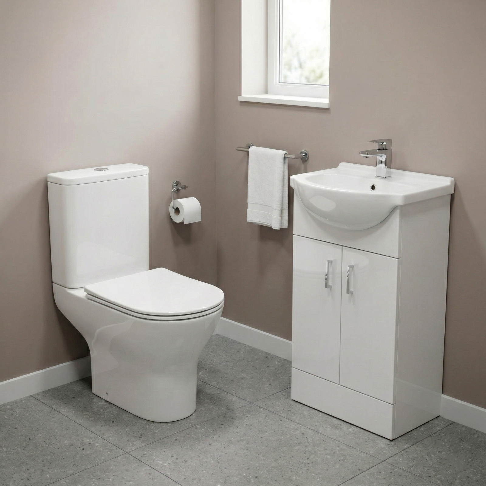 Ellen 550mm Gloss White Floorstanding Vanity Basin Unit Flat Pack & Rimless Close Coupled Toilet