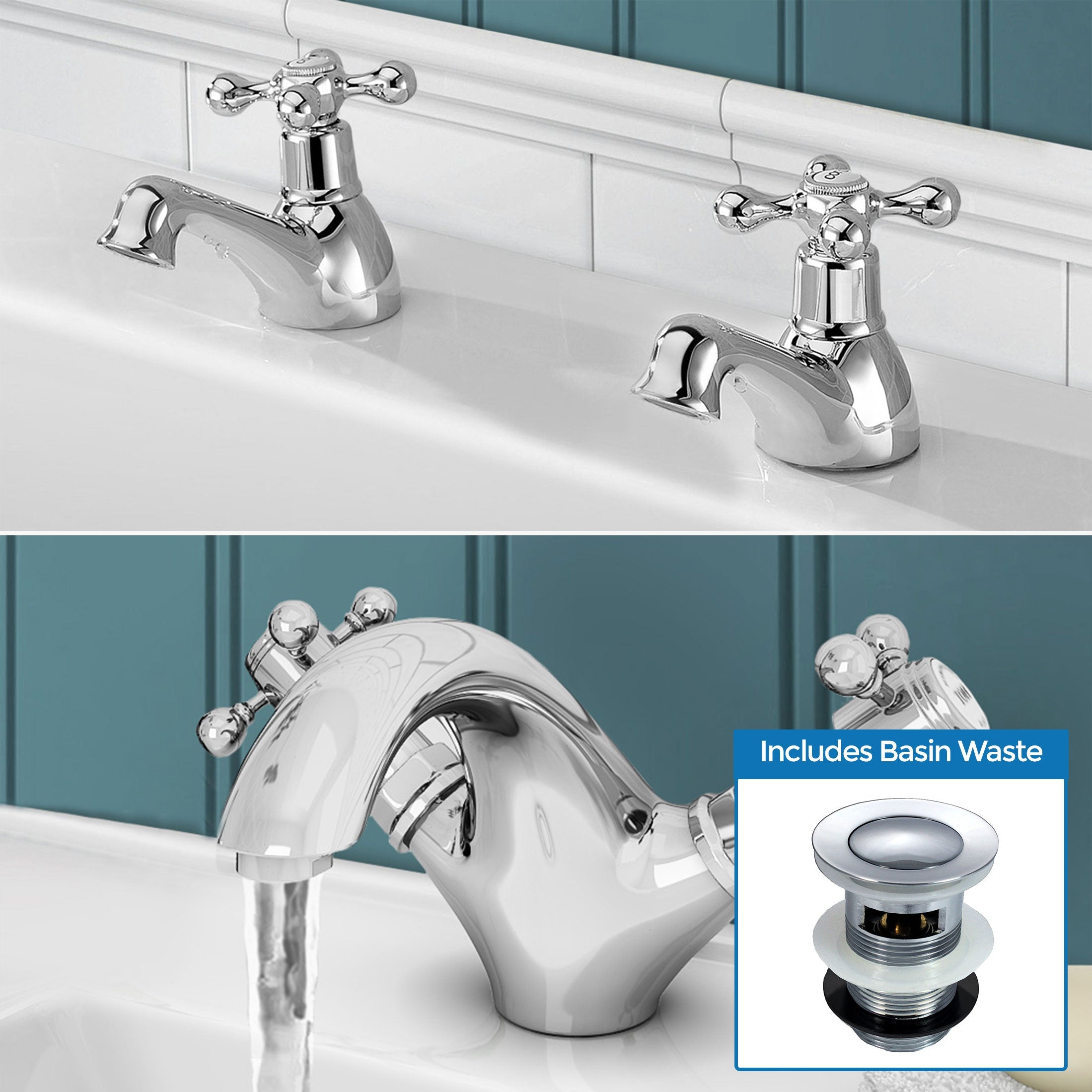Stafford Victorian Traditional Cross Head Chrome Twin Bath Filler Taps & Basin Sink Mono Mixer Tap