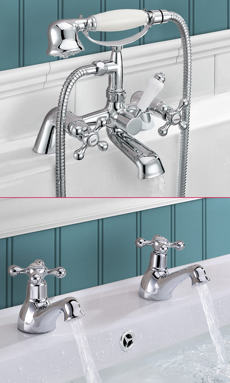 Stafford Victorian Set Of Hot & Cold Basin Taps And Bath Shower Mixer Tap With Handheld Kit