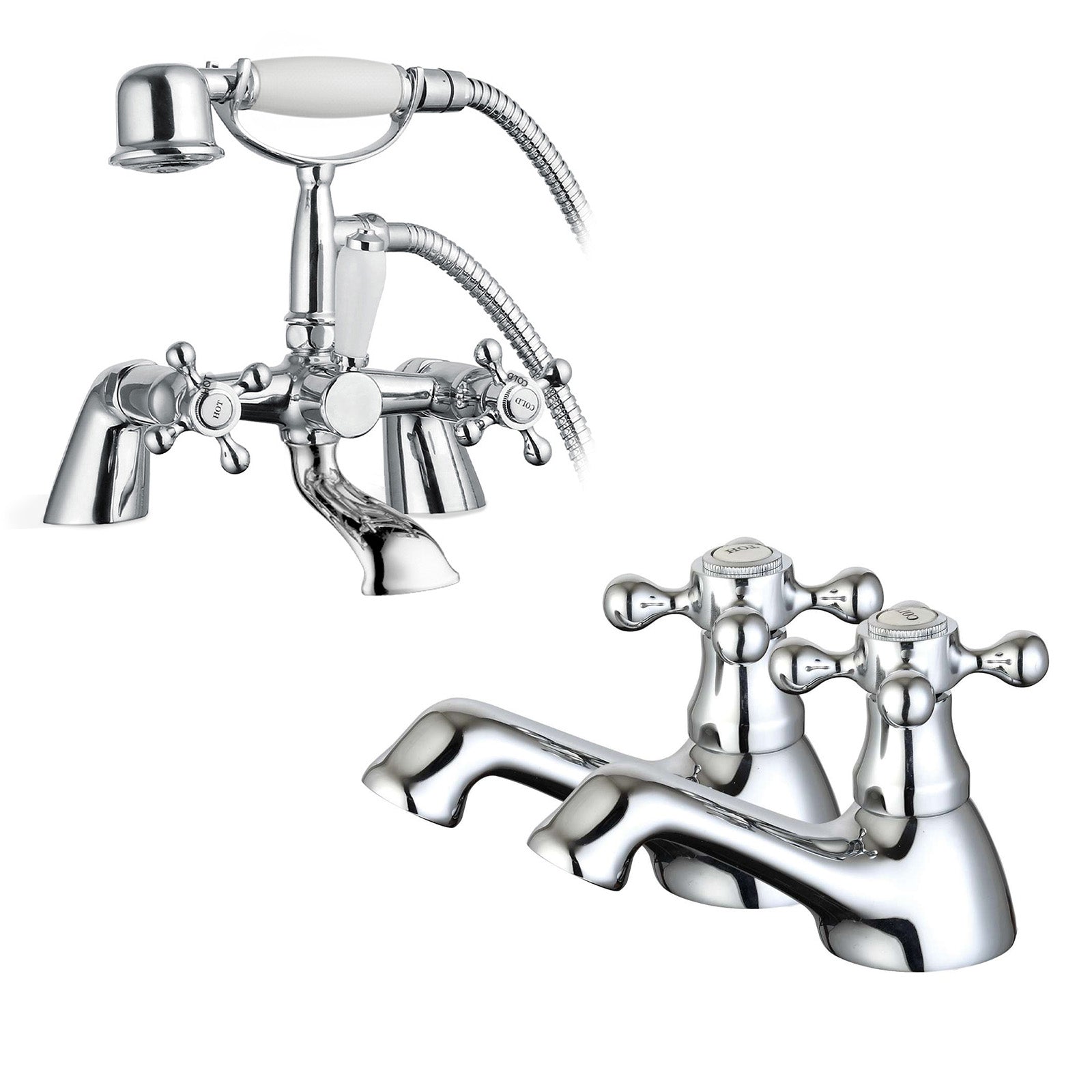 Stafford Victorian Set Of Hot & Cold Basin Taps And Bath Shower Mixer Tap With Handheld Kit