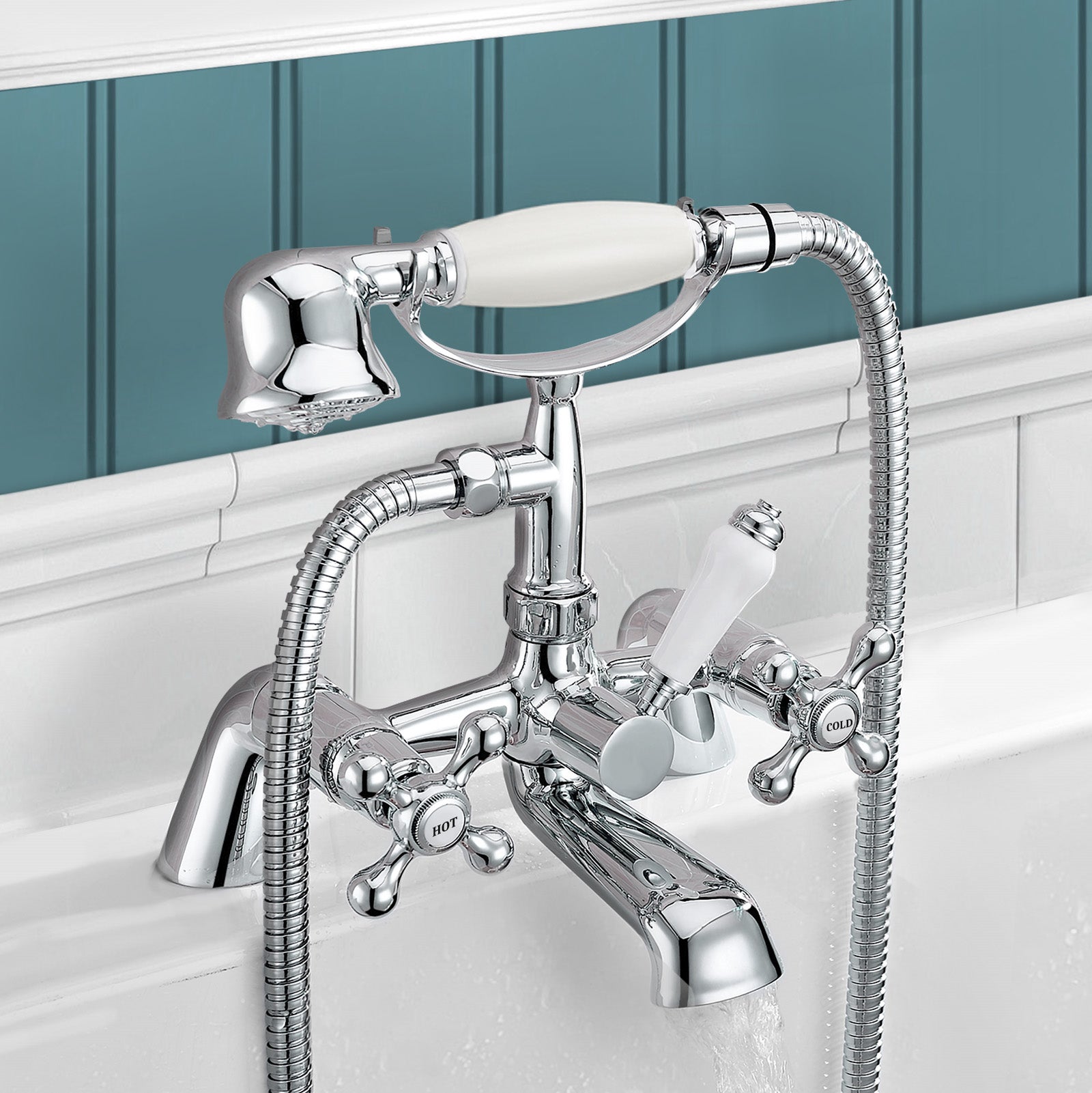 Stafford Victorian Set Of Hot & Cold Basin Taps And Bath Shower Mixer Tap With Handheld Kit