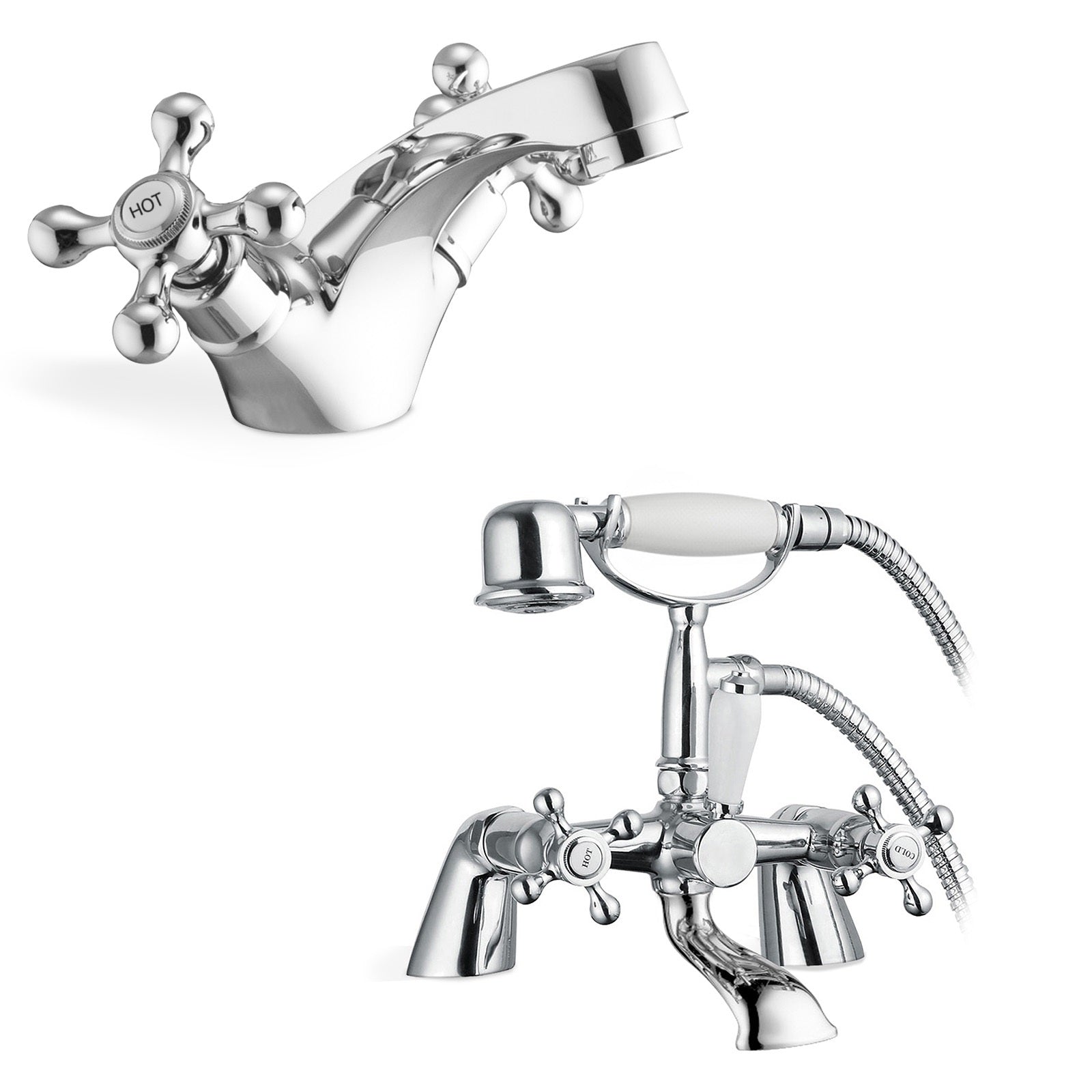Stafford Victorian Cross Head Bath Shower Mixer Tap With Handheld Kit & Basin Mono Mixer Tap