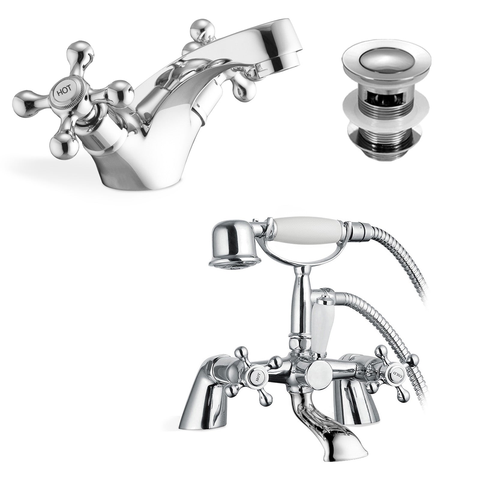 Stafford Victorian Cross Head Bath Shower Mixer Tap With Handheld Kit & Basin Mono Mixer Tap