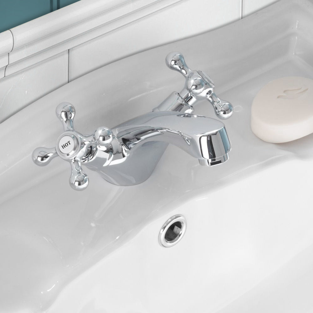 Stafford Victorian Traditional Cross Head Chrome Twin Bath Filler Taps & Basin Sink Mono Mixer Tap