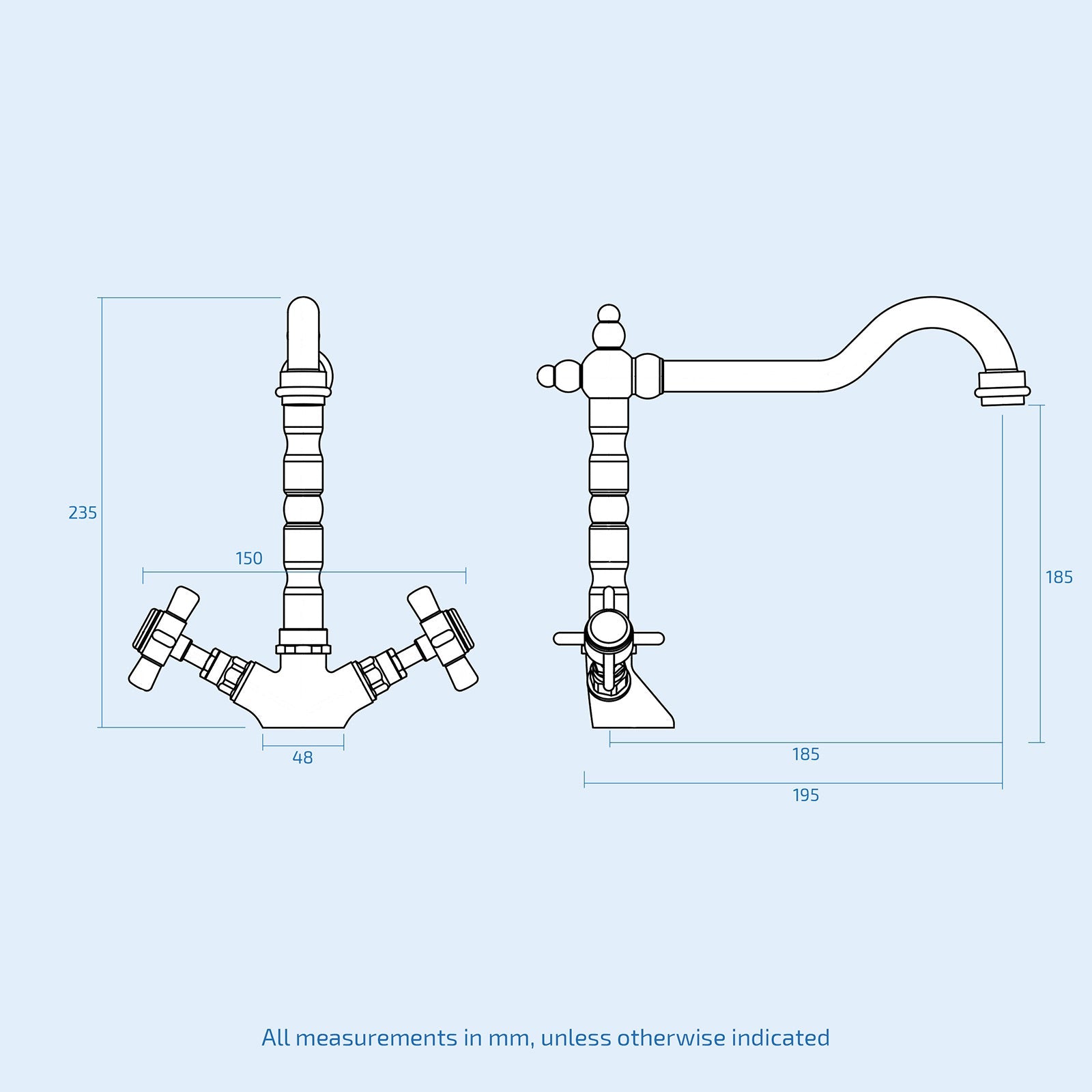 Victorian Traditional Twin Cross Handle Kitchen Sink Mono Mixer Tap