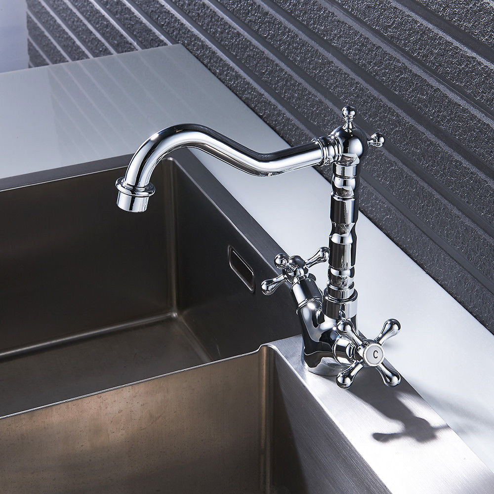 Victorian Traditional Twin Cross Handle Kitchen Sink Mono Mixer Tap