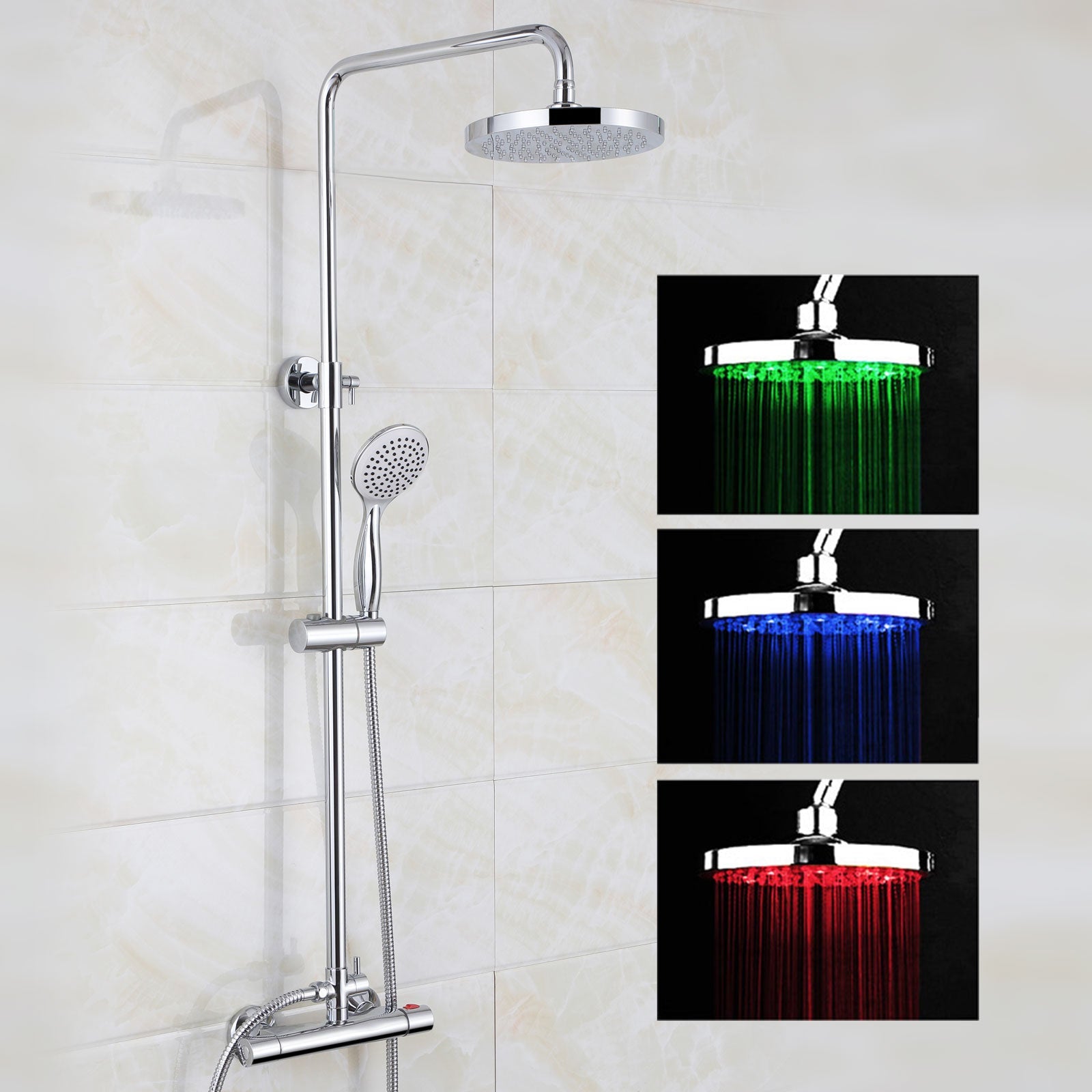 Regent Round Led Thermostatic Bar Valve & Riser Rail Kit with LED Lights