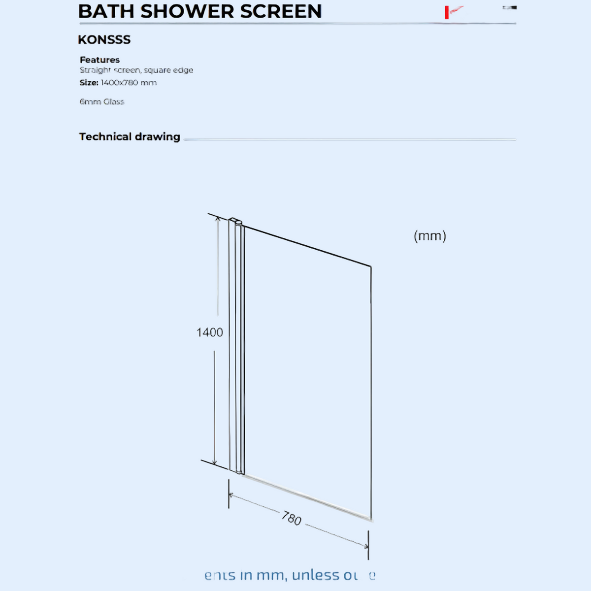 Kartell Koncept  780mm W x 1400mm H Straight Pivoting Chrome 6mm Square Bath Screen - Konsss