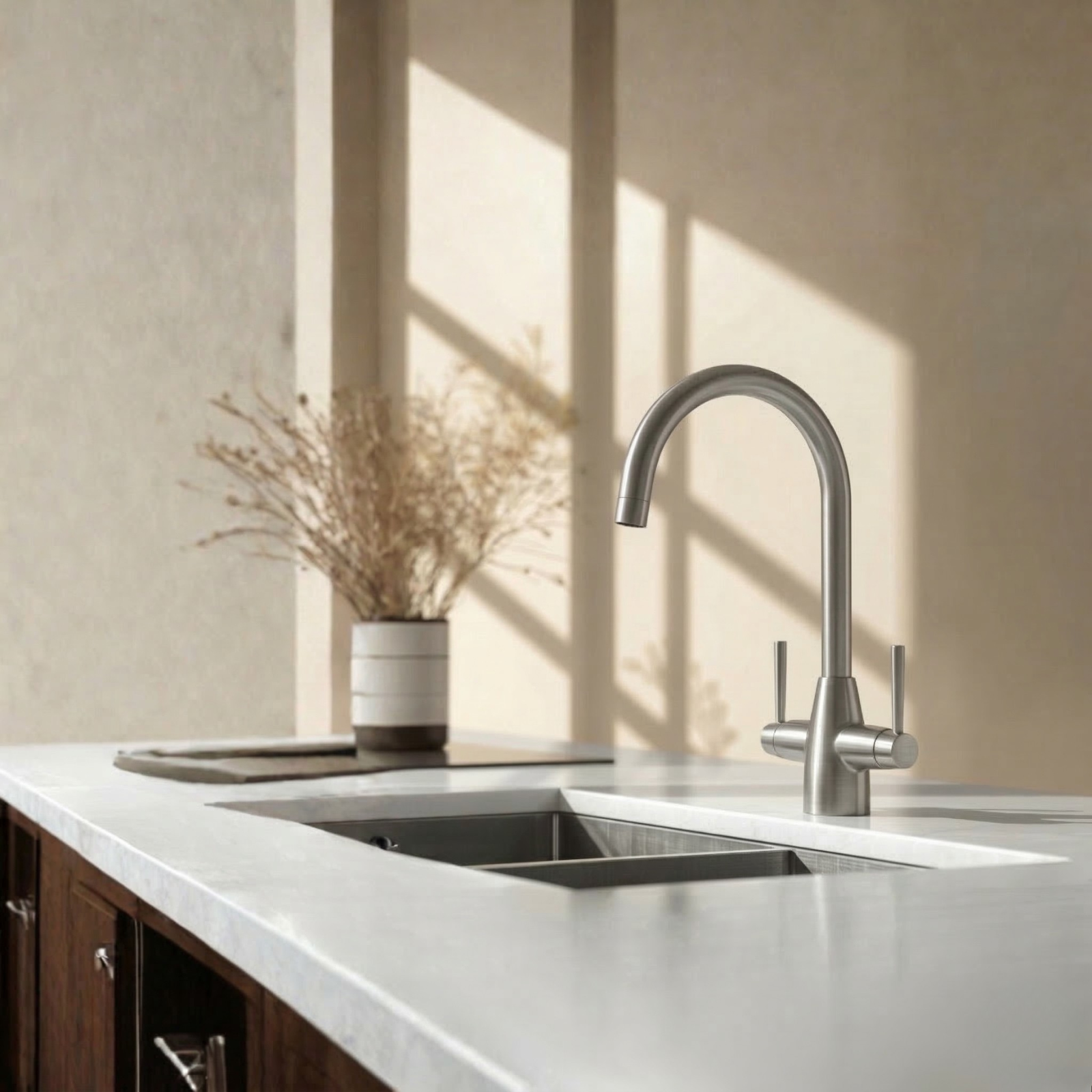 Kartell KST008 Matt Brushed Steel Twin Lever Deck Mounted Kitchen Sink Mono Mixer Tap