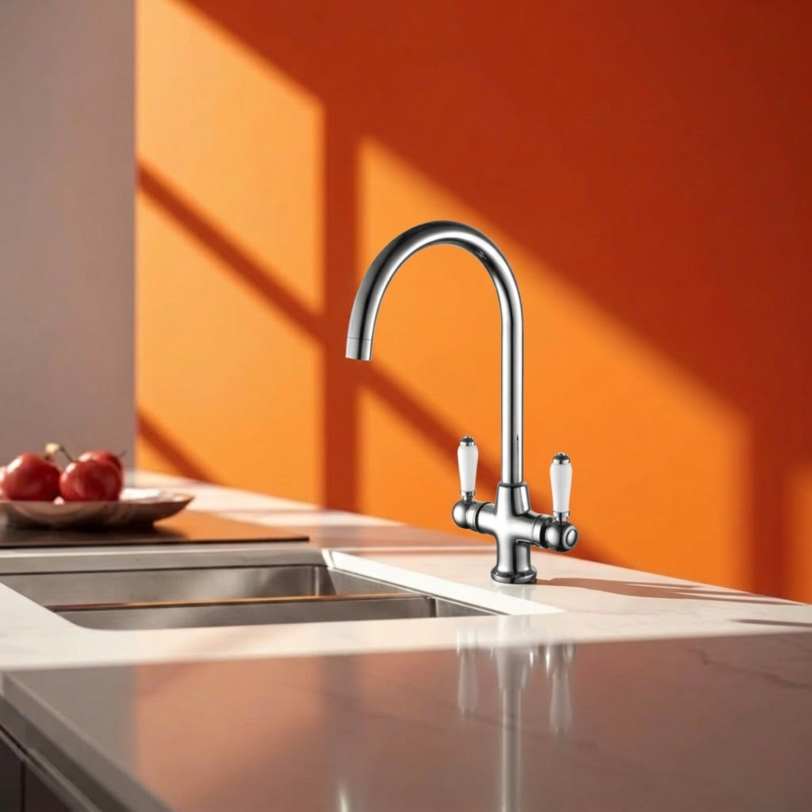 Kartell KST015 Chrome Traditional Twin Lever Kitchen Sink Mixer Tap - Deck Mounted