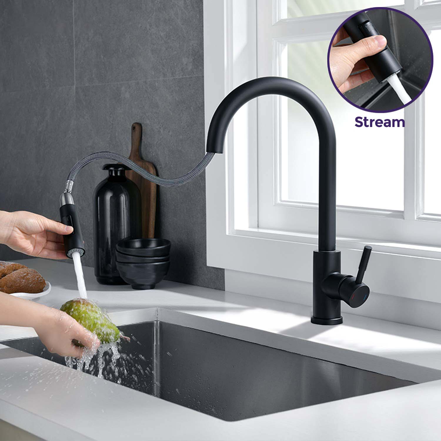Victoria Matte Black Pull Out Kitchen Sink Single Lever Mixer Tap With 360 Swivel