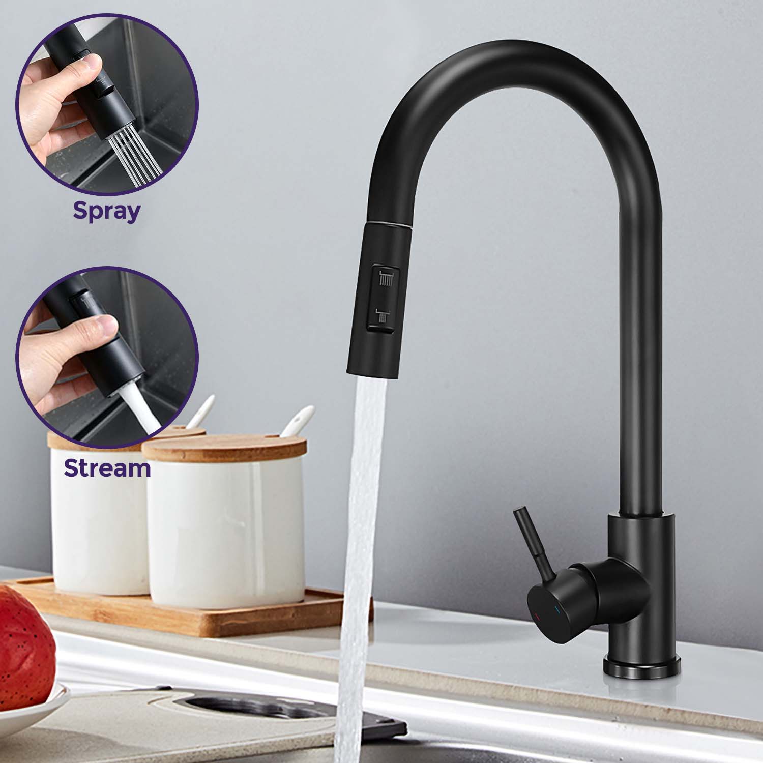 Victoria Matte Black Pull Out Kitchen Sink Single Lever Mixer Tap With 360 Swivel