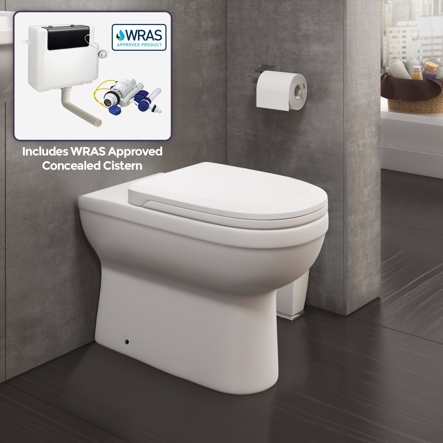 Melbourne Back To Wall Vitreous Ceramic Modern White Toilet Pan, Soft Close Seat