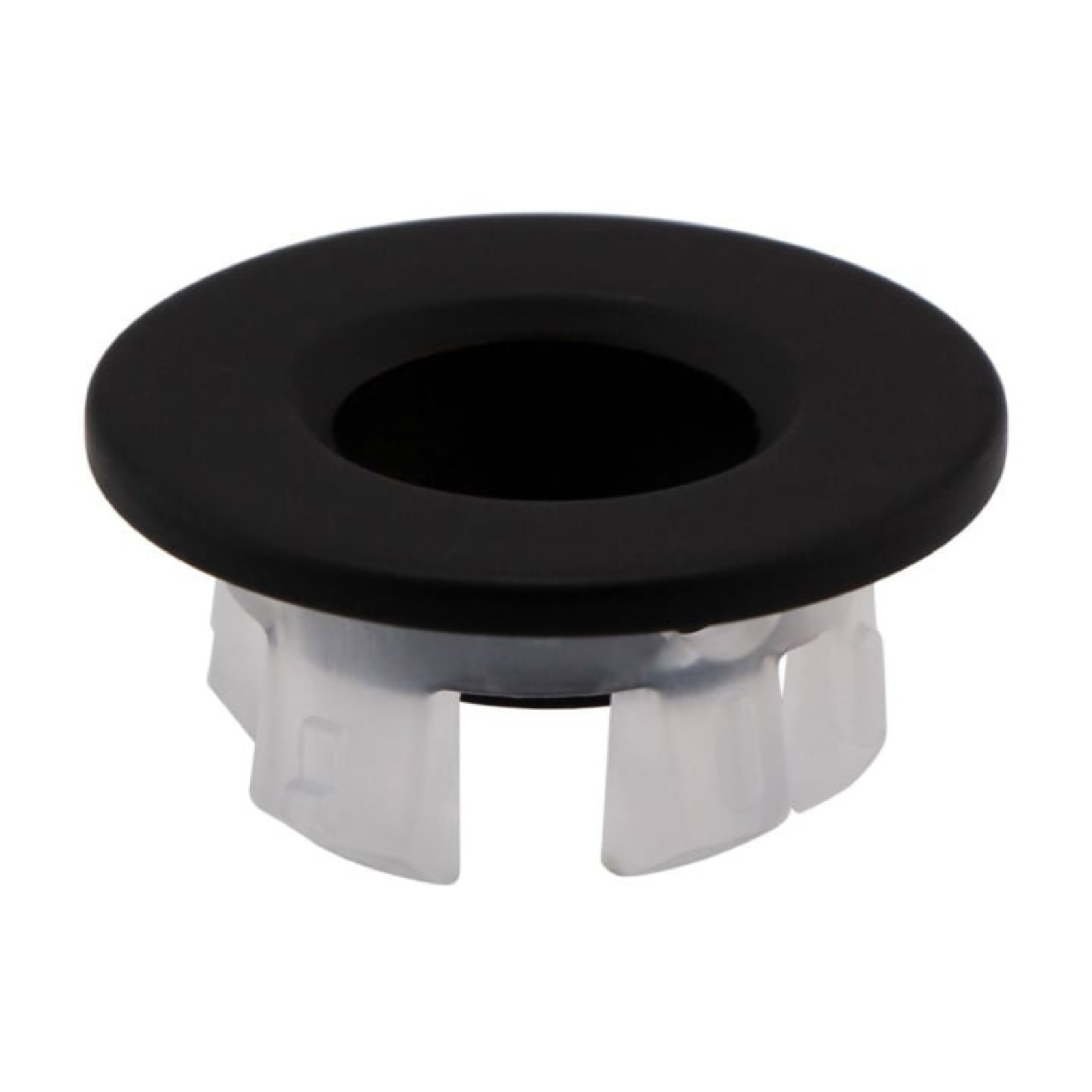 Black rubber grommet with a white plastic base on a white background