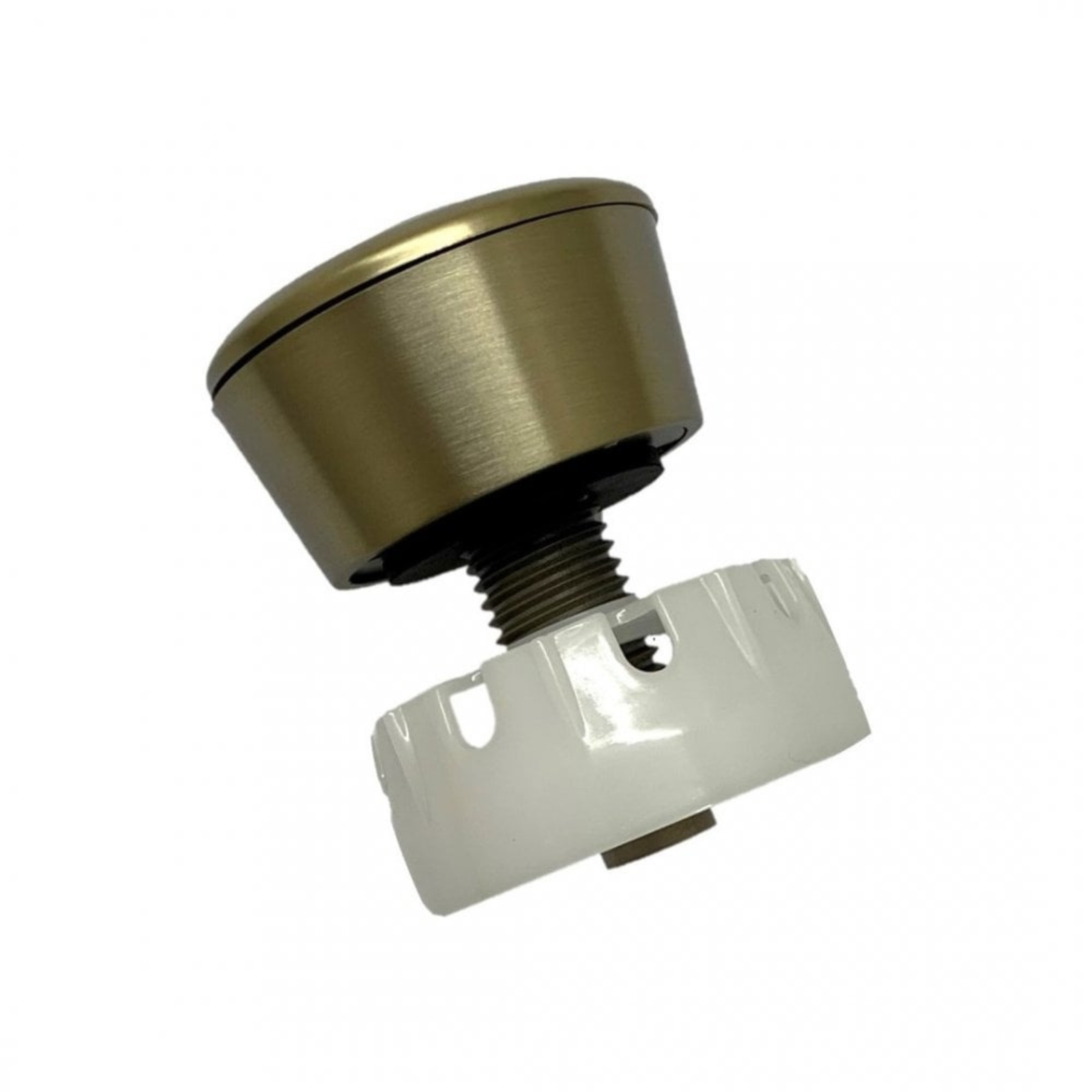 Metallic cylindrical component with a white base on a white background