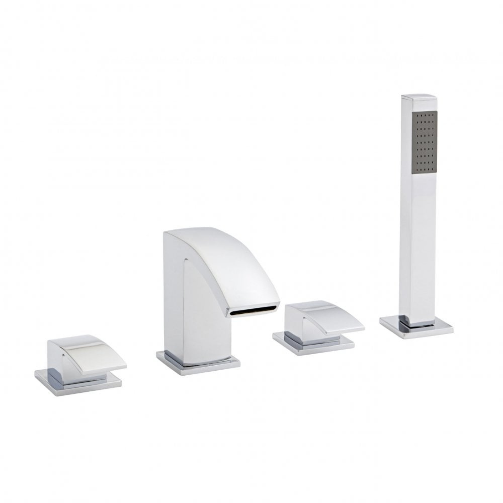 Set of bathroom fixtures/taps/faucets including a shower head, control handle, and other components on a white background