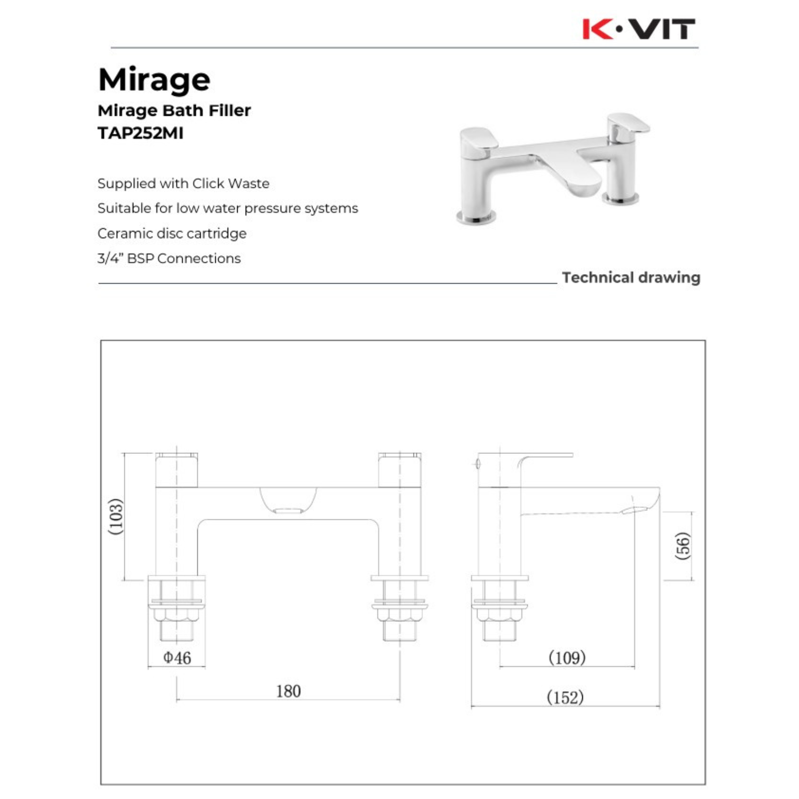 Technical drawing of K-Vit Mirage Bath Filler with dimensions and specifications.
