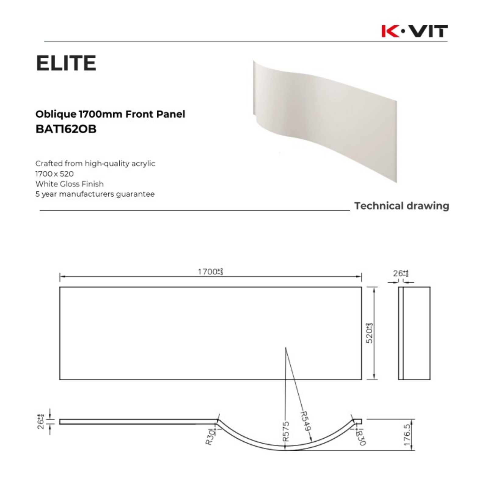 Technical drawing/blueprint of an oblique front panel with dimensions and K-Vit branding.