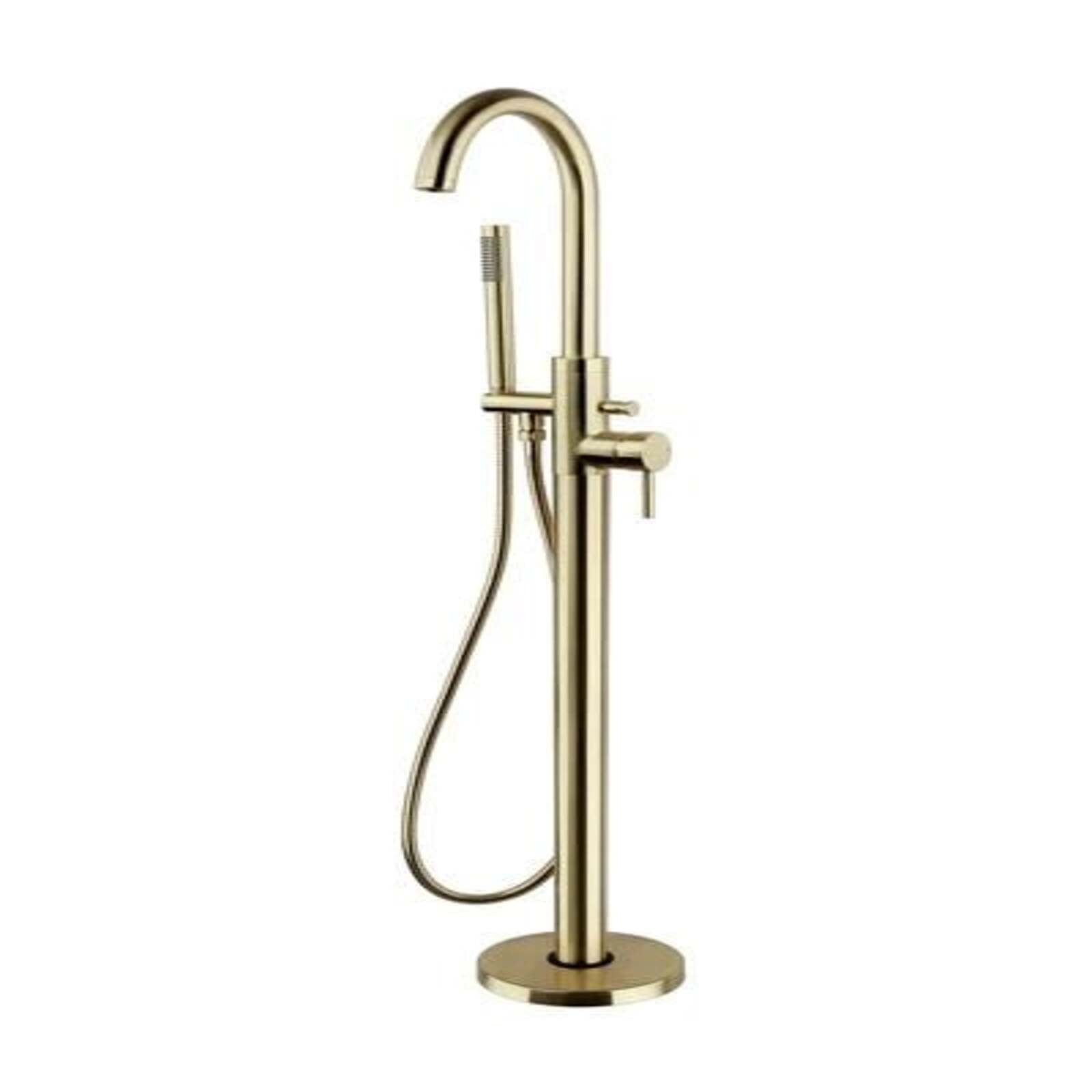 Gold freestanding basin tap on a white background