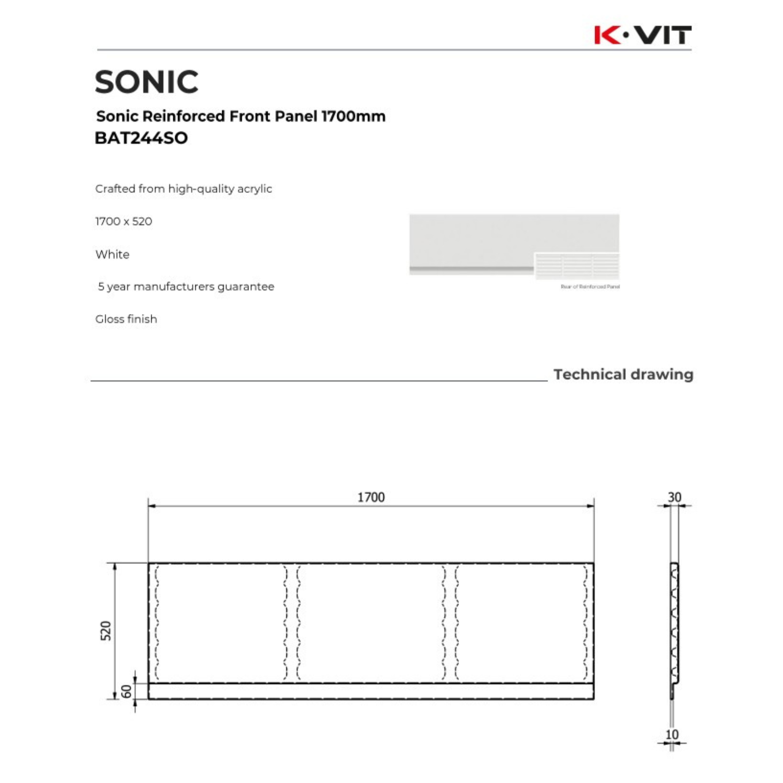 Technical drawing of a Sonic Reinforced Front Panel with dimensions and K-Vit branding.