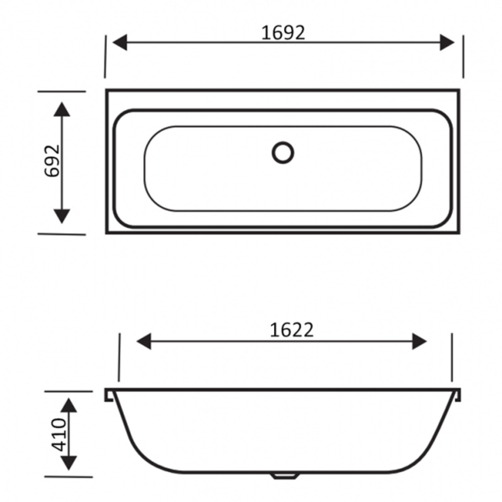 Technical drawing of a rectangular bathtub with dimensions labeled