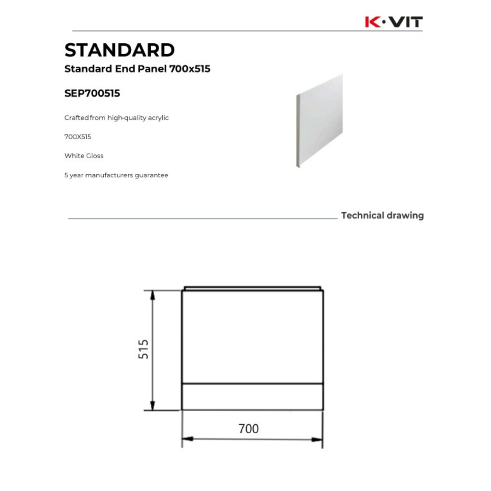 K-Vit standard end panel technical drawing/blueprint with dimensions and material details on a white background