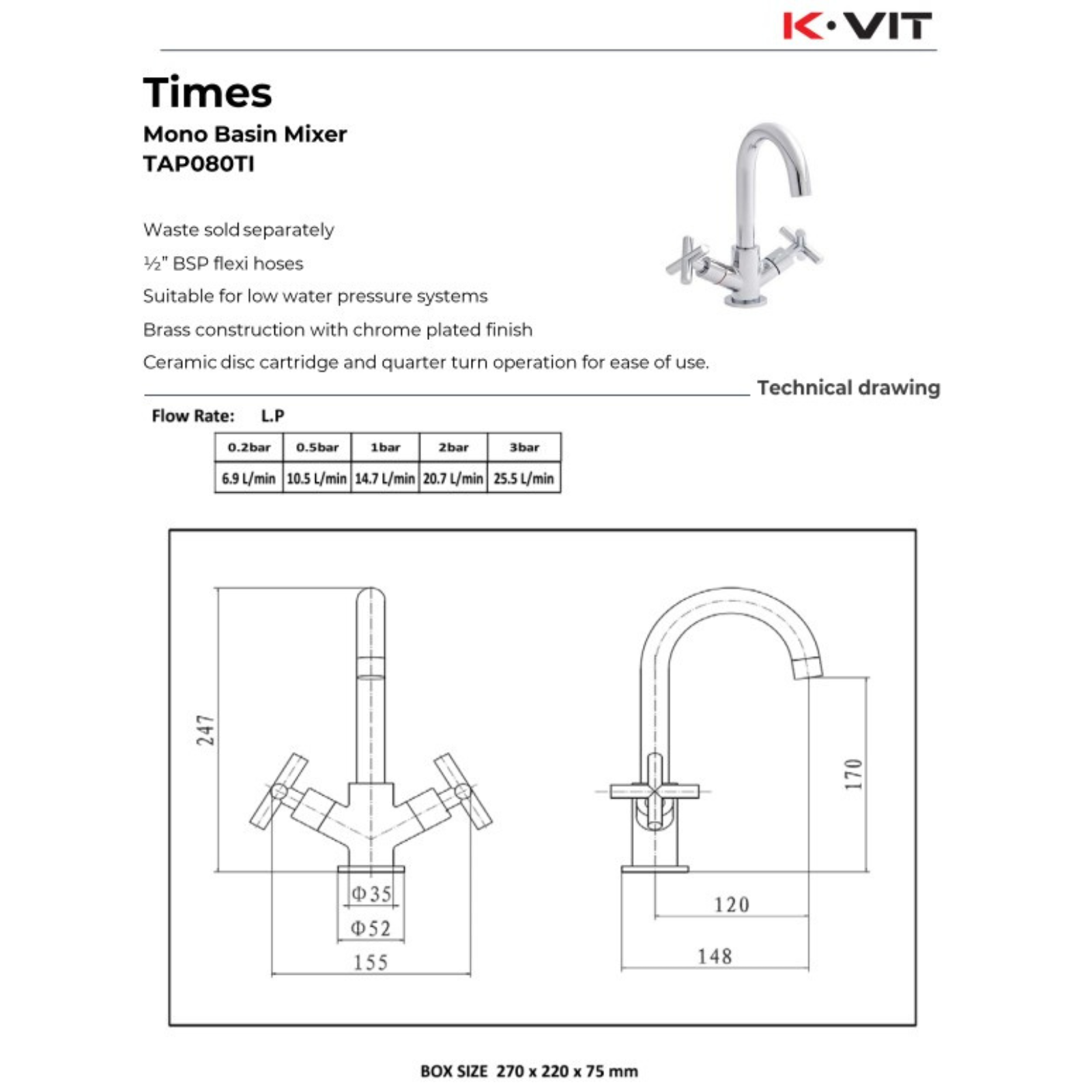 Technical specifications and diagram of a K-Vit mono basin mixer on a white background